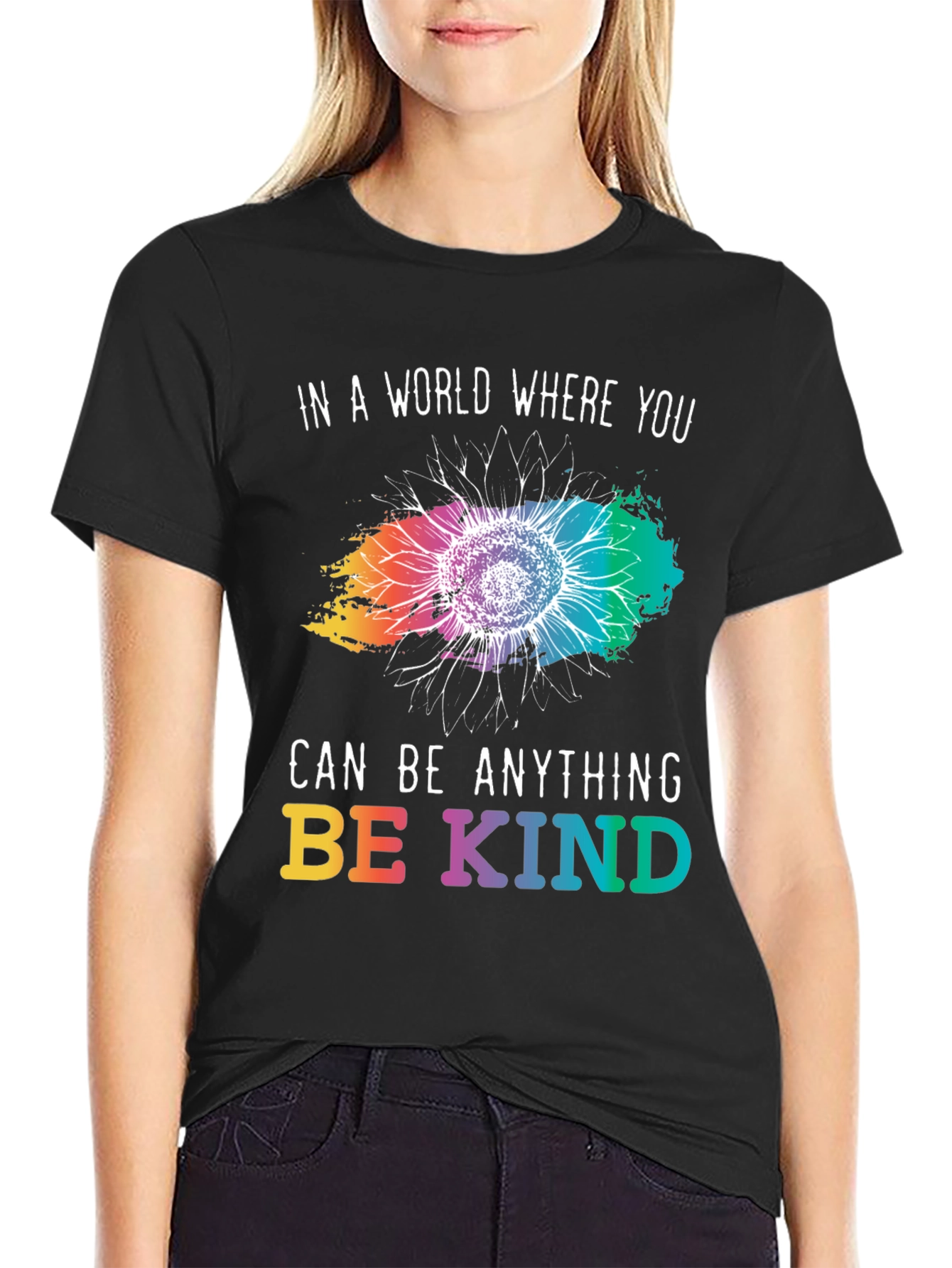 Black Be Kind T-Shirt - Rainbow Sunflower Design view 2