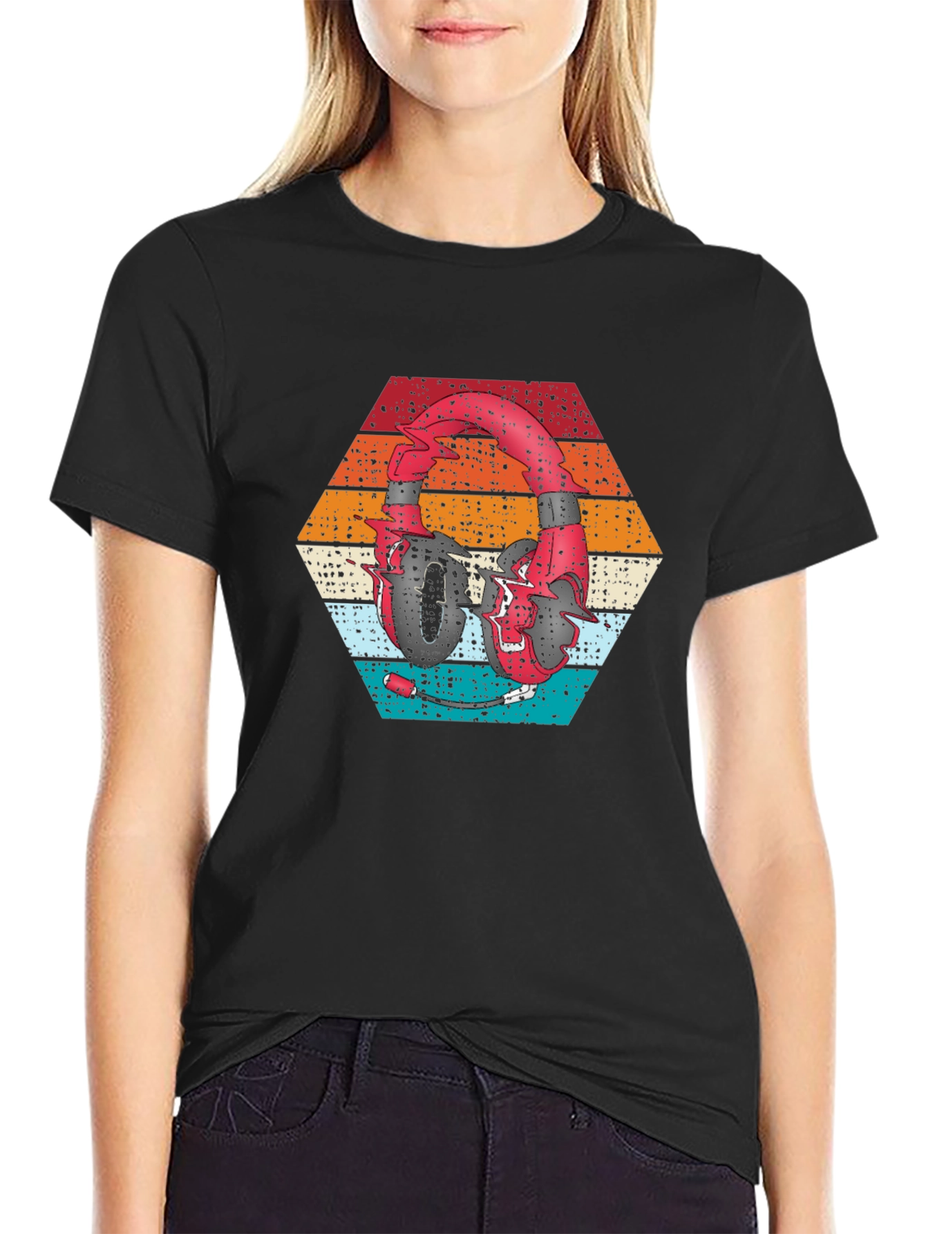 Black Retro Headphones Graphic Tee view 2