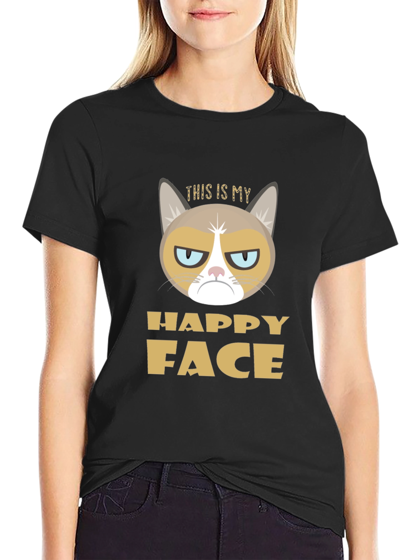 Black Grumpy Cat "This is My Happy Face" T-Shirt view 2