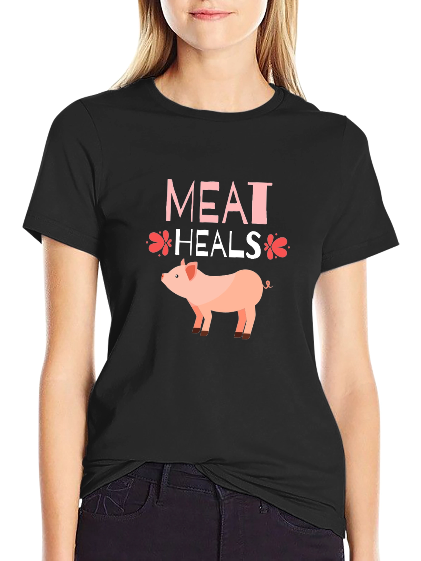 Black Meat Heals Pig Graphic T-Shirt, Black Tee view 2