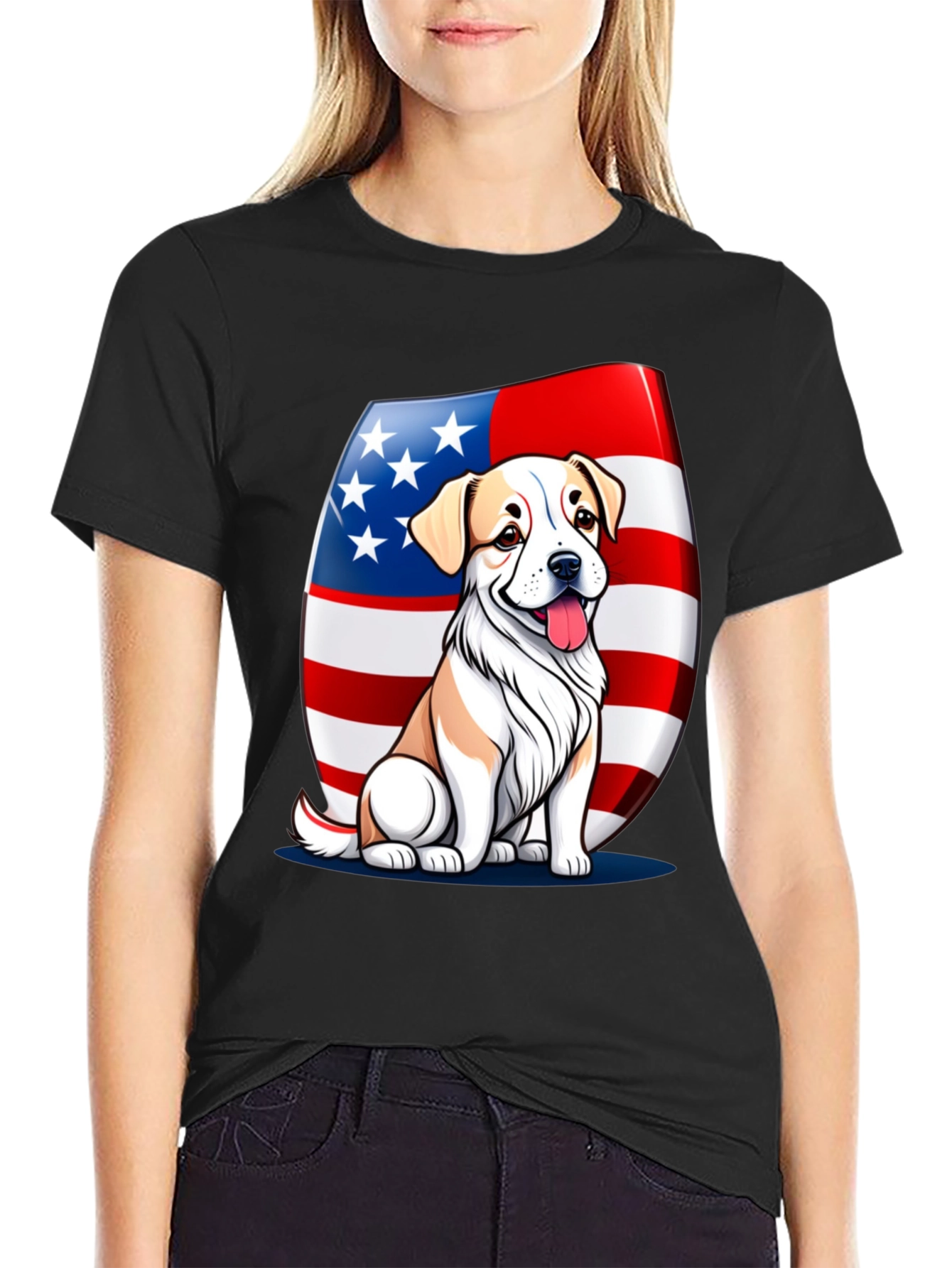 Black Patriotic Dog T-Shirt: USA Flag & Cute Pup view 2