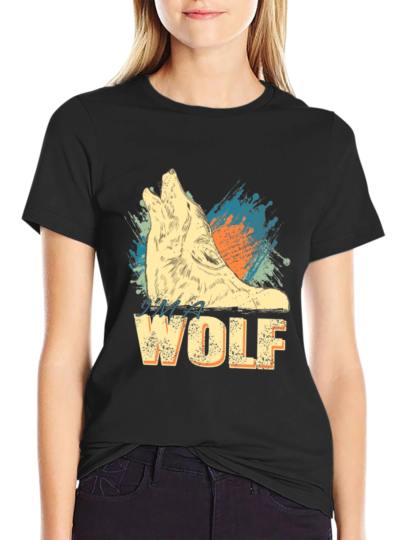 Black I'm A Wolf Graphic Print Crew Neck T-Shirt view 2