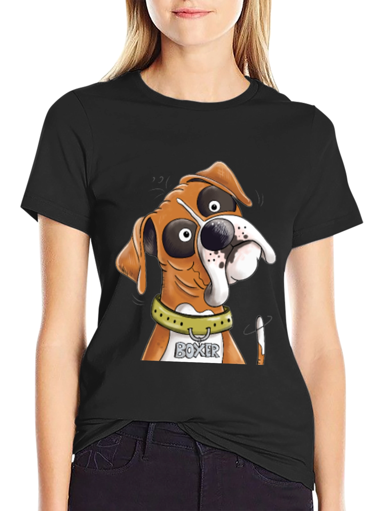 Black Boxer Dog Cartoon Graphic Tee - Unique Design view 2