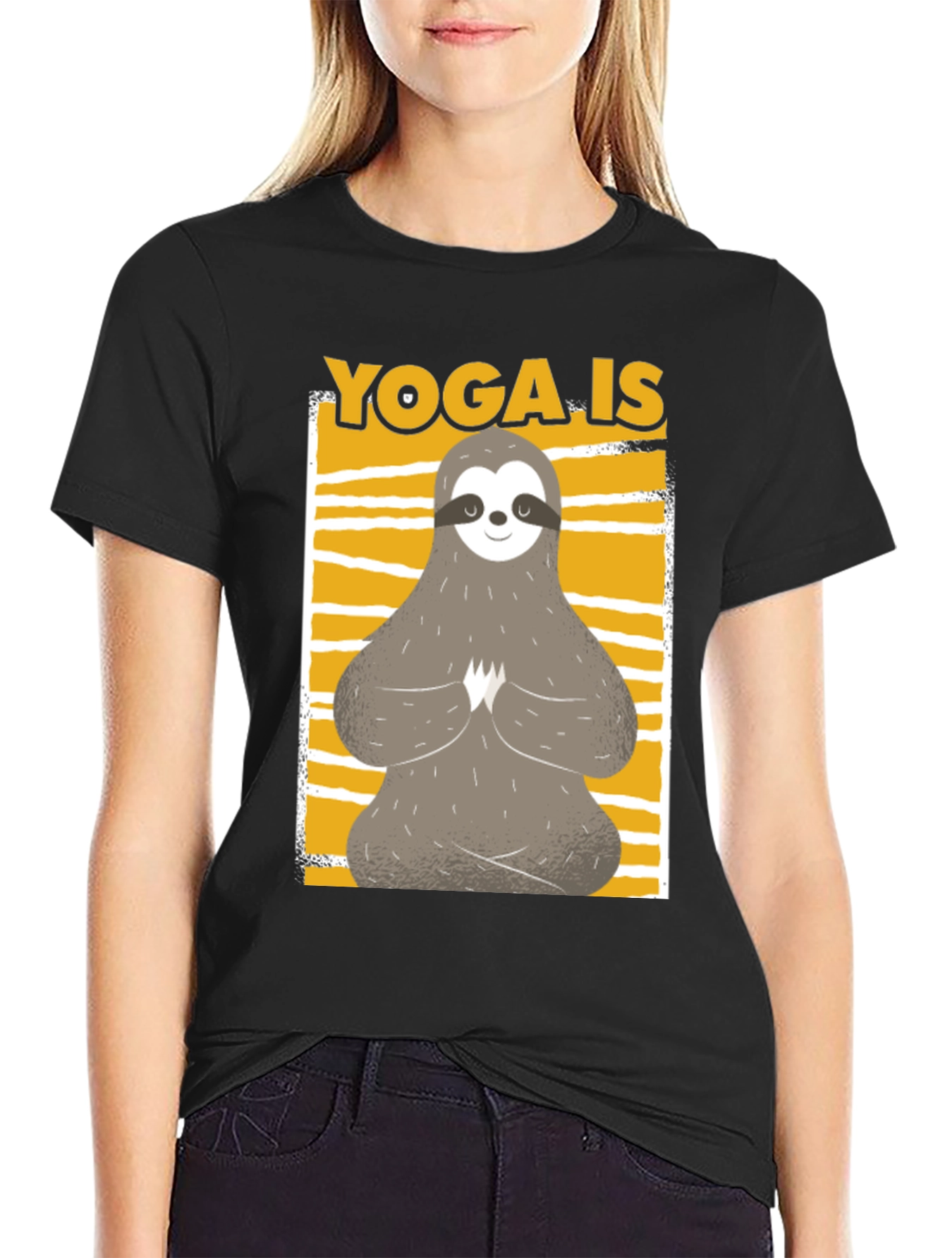 Black Yoga Sloth Graphic Tee - Relaxed Fit Black T-Shirt view 2