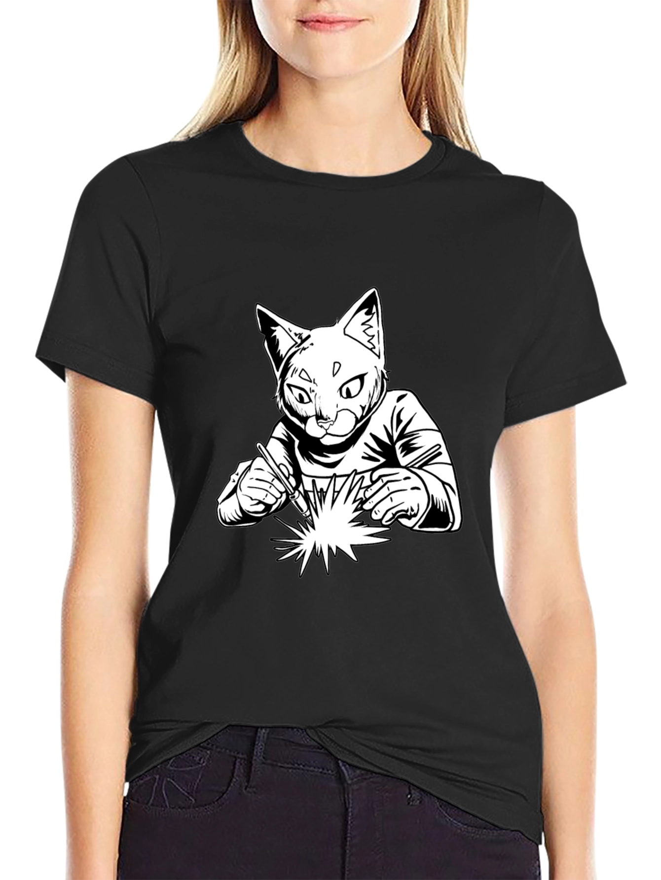 Black Welding Cat T-Shirt - Cool Graphic Tee view 2
