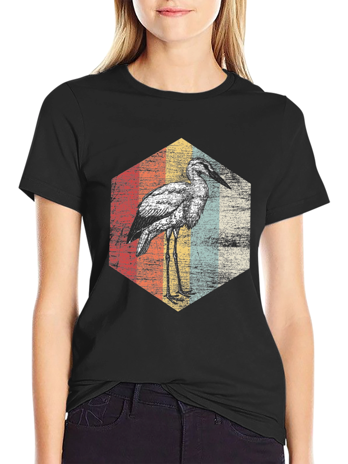 Black Retro Heron T-Shirt - Vintage Bird Graphic Tee view 2