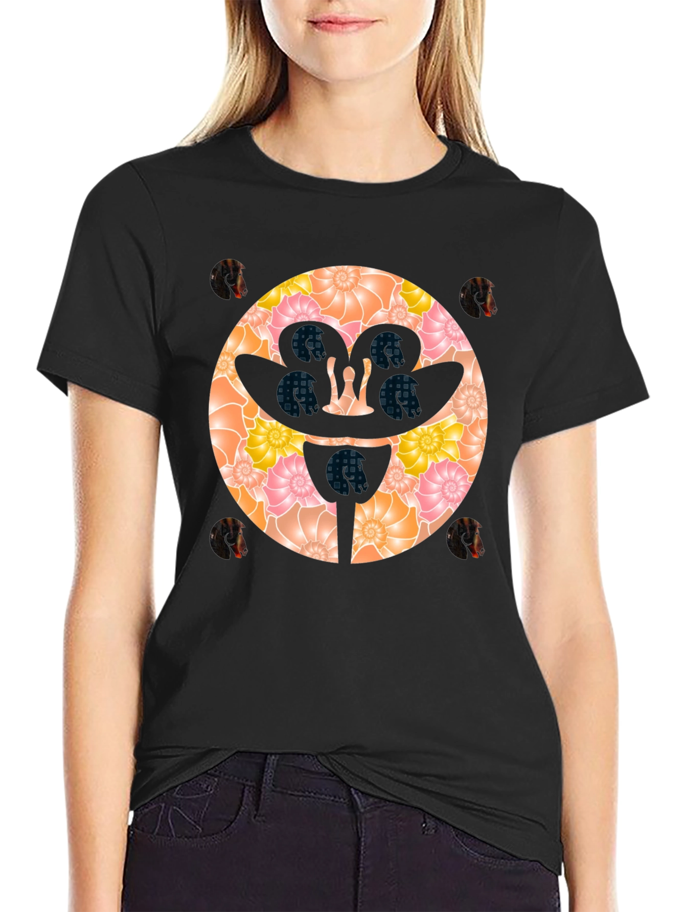 Black Floral Face Graphic Black T-Shirt view 2