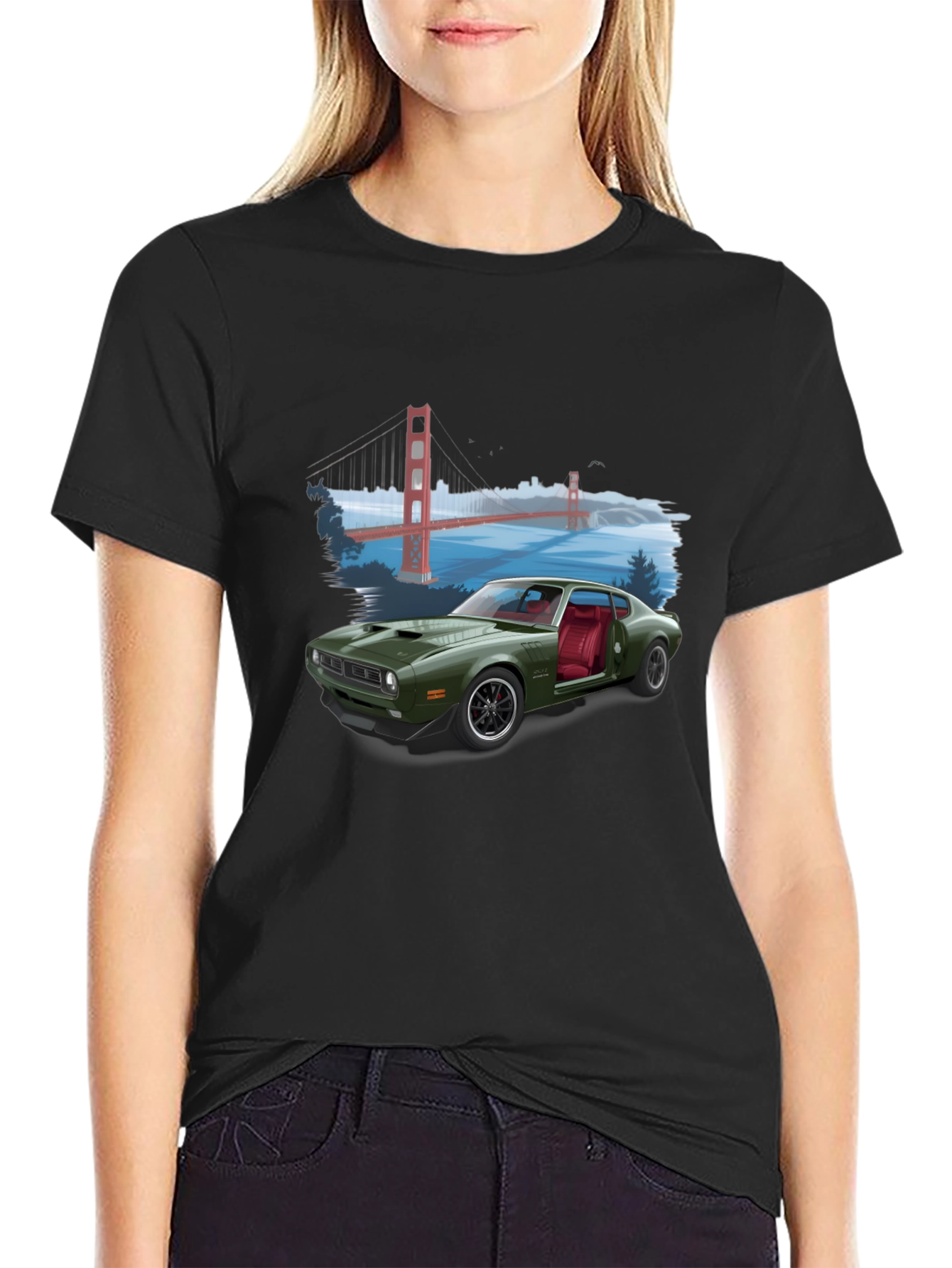 Black Retro Car & Bridge T-Shirt - Unique Graphic Tee view 2