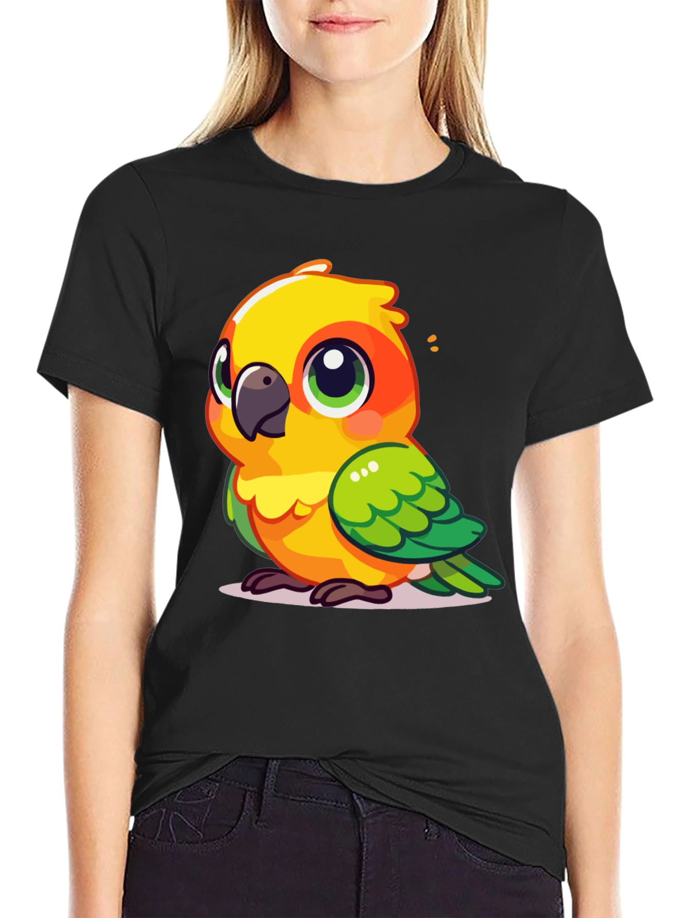 Black Cute Parrot Graphic Tee - Fun Bird Lover's T-Shirt view 2