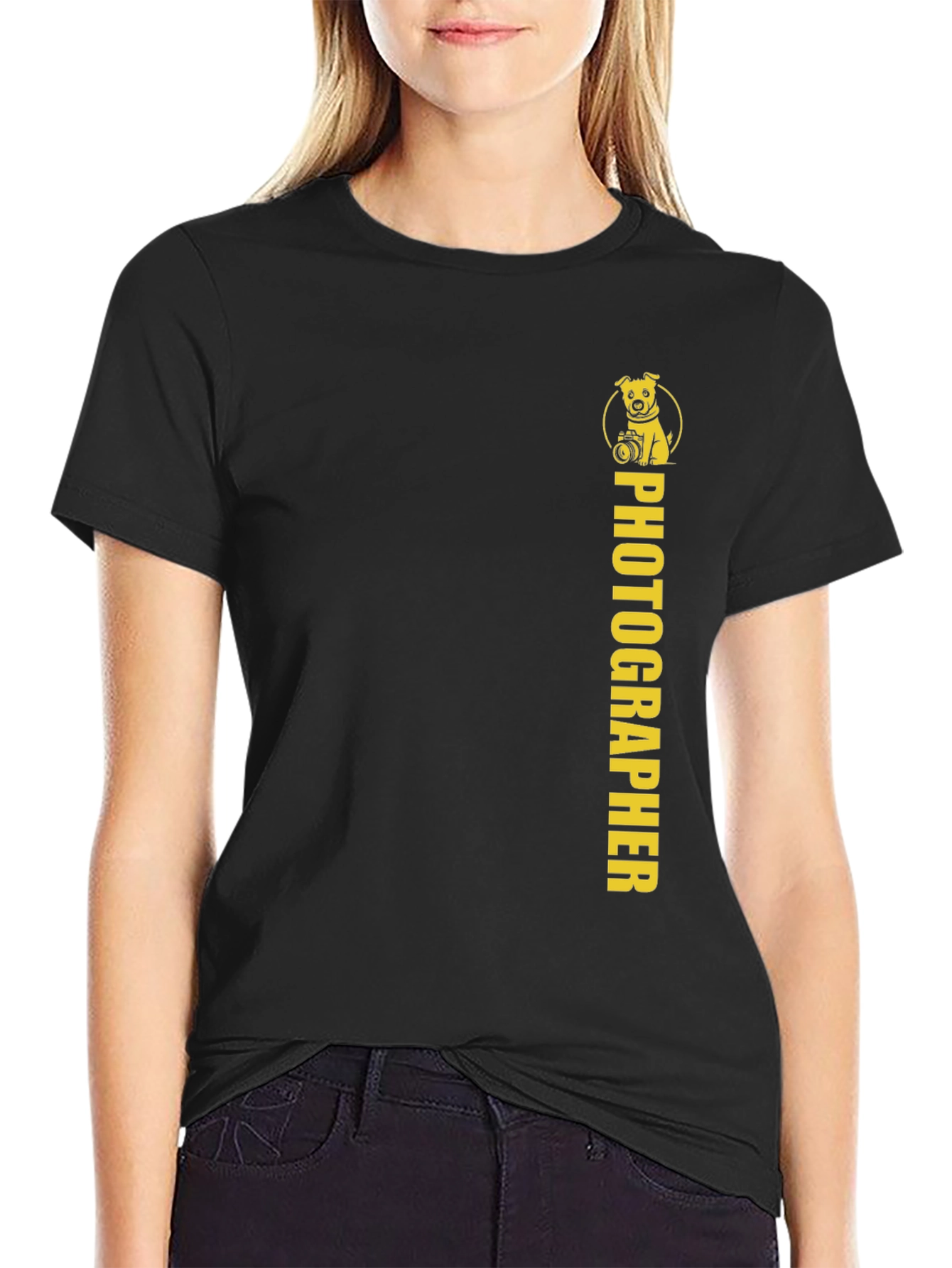 Black Photographer Dog Graphic Tee - Black Cotton T-Shirt view 2