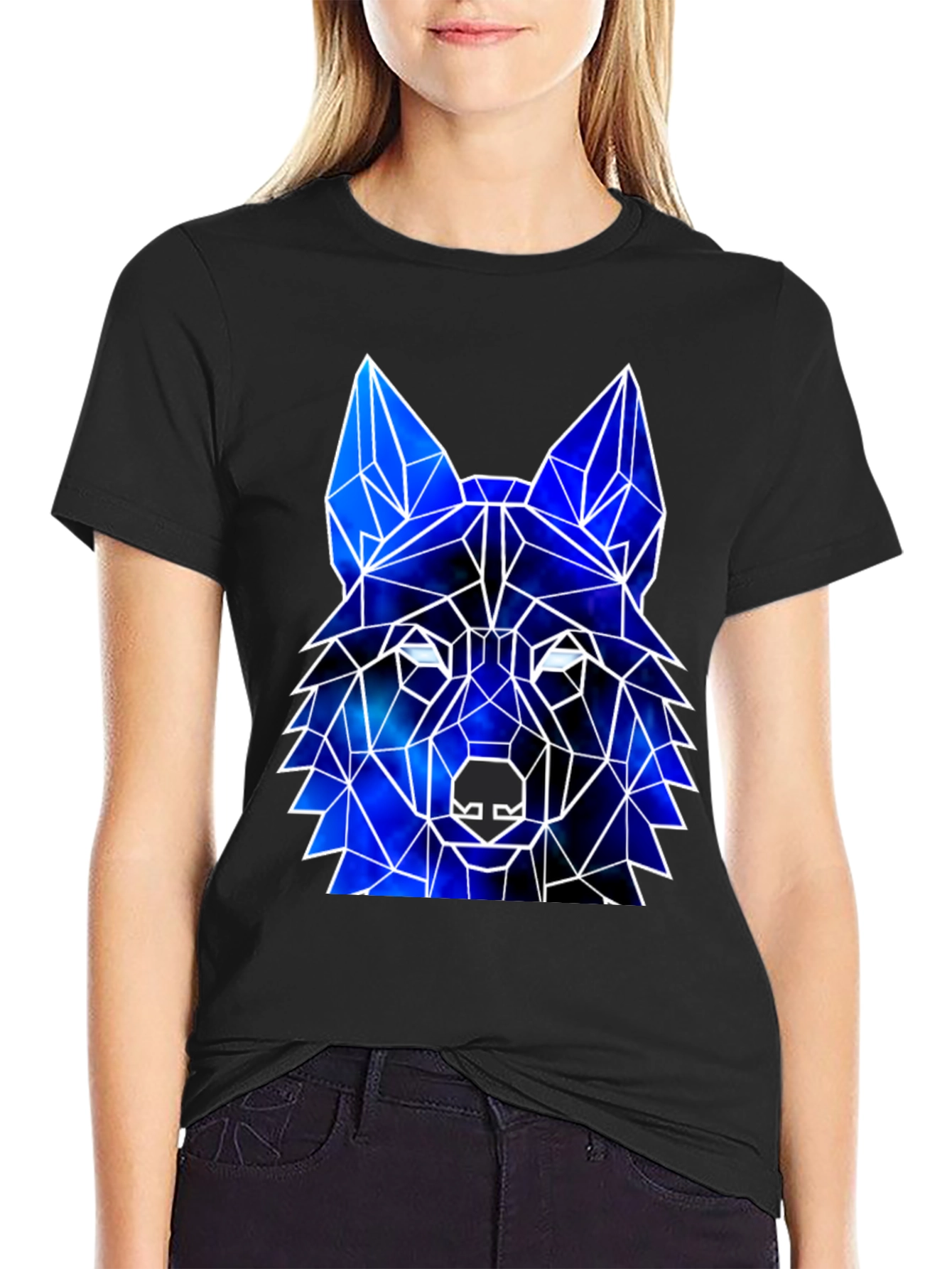 Black Geometric Wolf Galaxy Black T-Shirt view 2