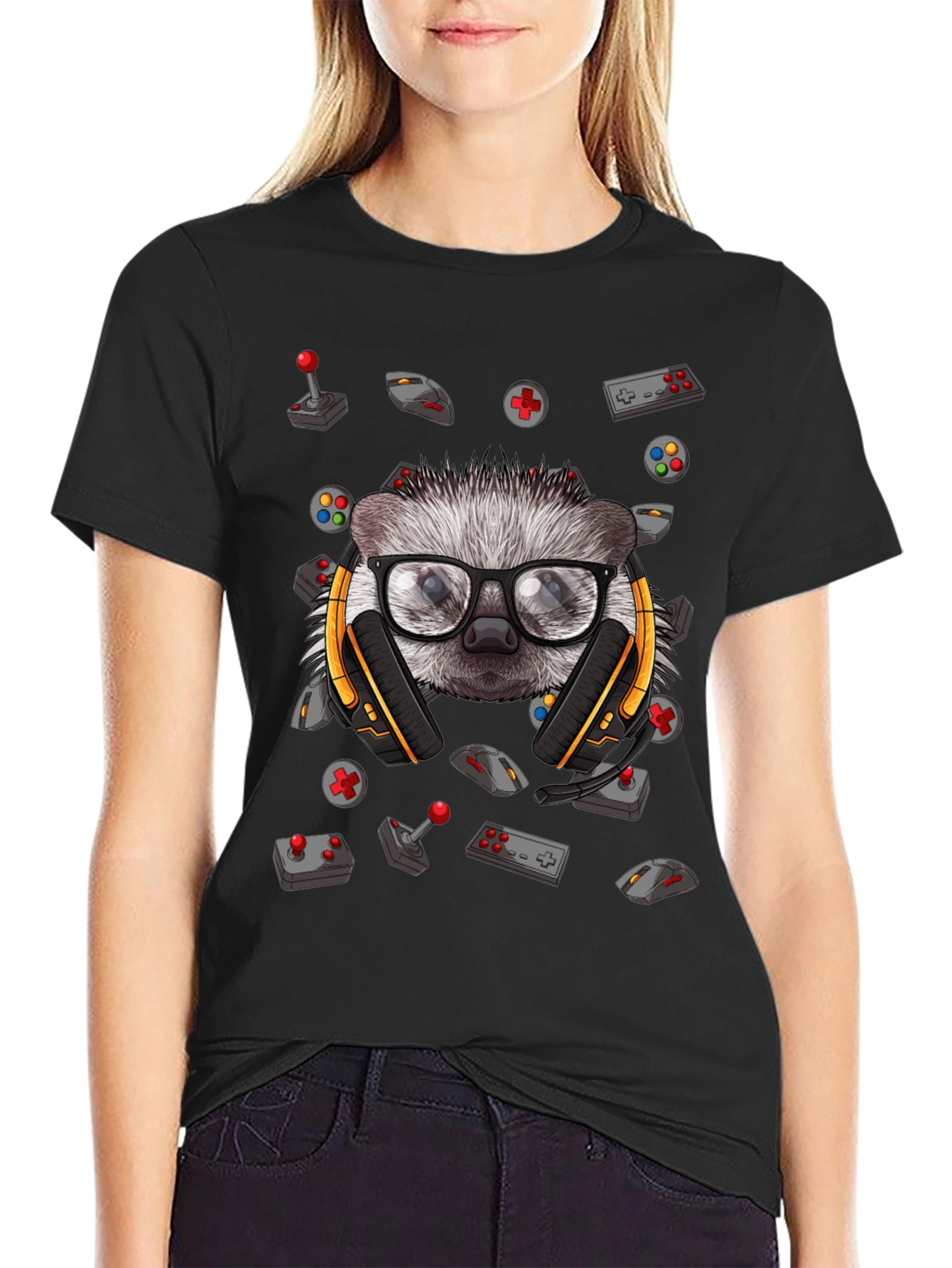 Black Gamer Hedgehog Graphic Tee - Black Cotton T-Shirt view 2