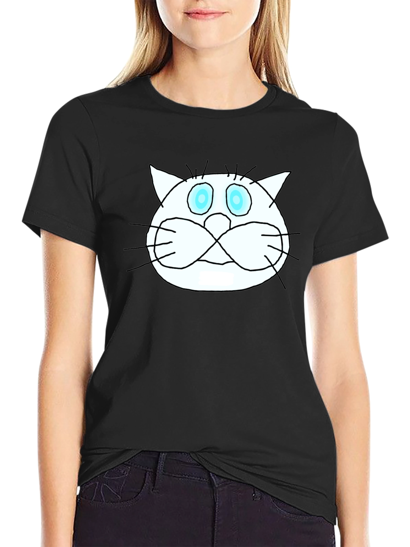 Black Funny Cat Graphic Tee - Black Crew Neck T-Shirt view 2