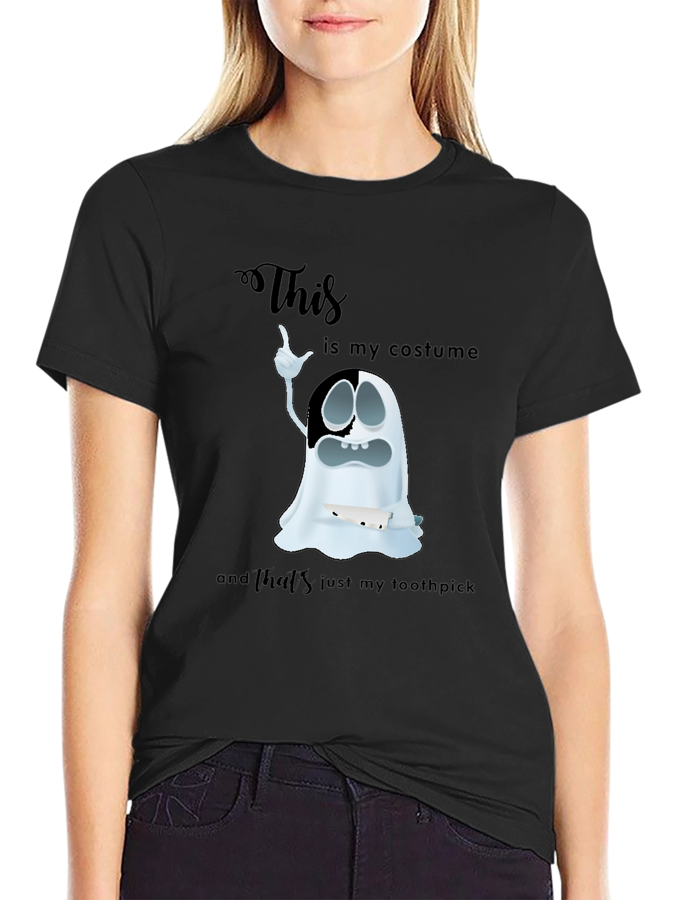 Black Humorous Ghost Costume Graphic T-Shirt view 2