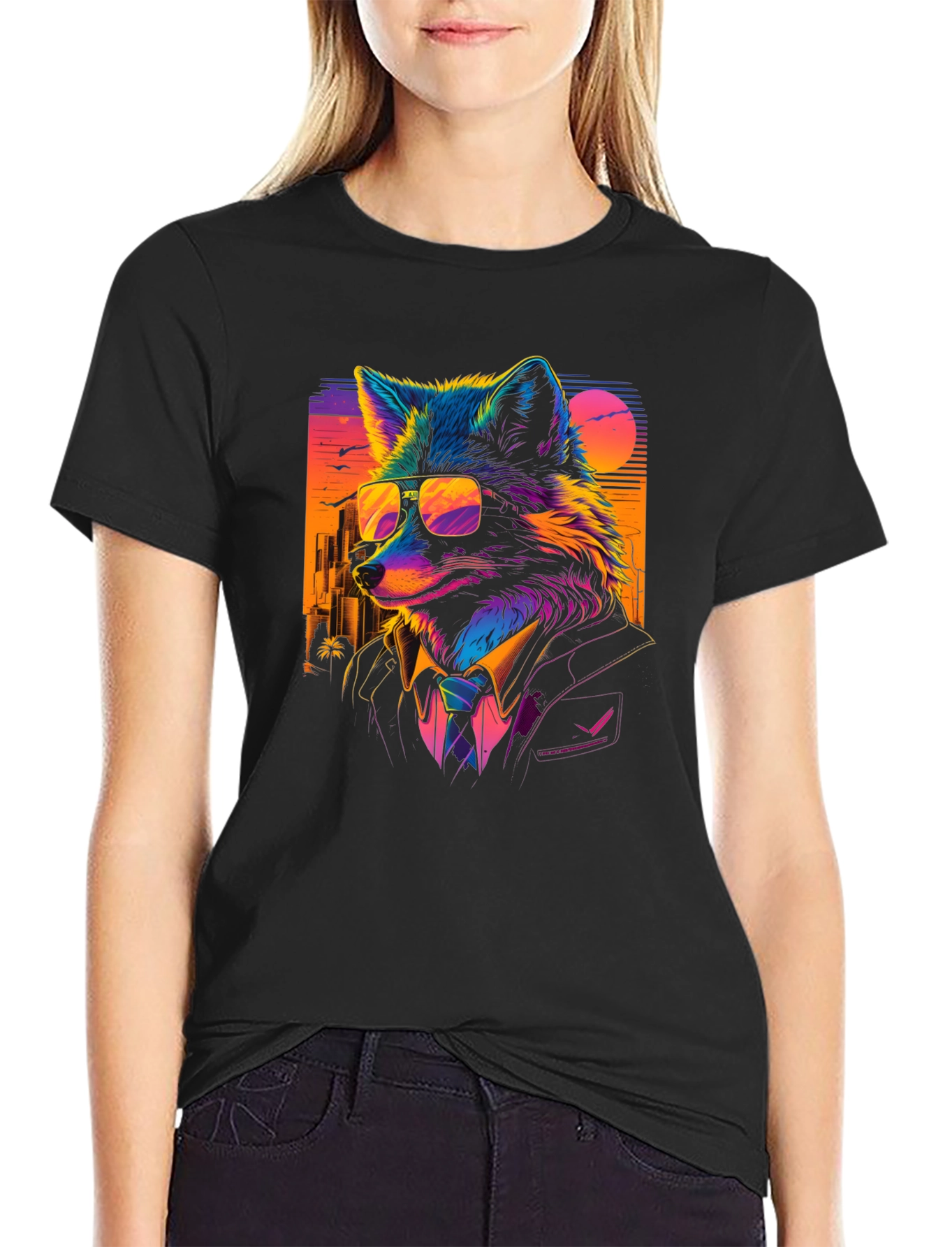 Black Cool Fox in Suit T-Shirt - Vibrant Graphic Tee view 2
