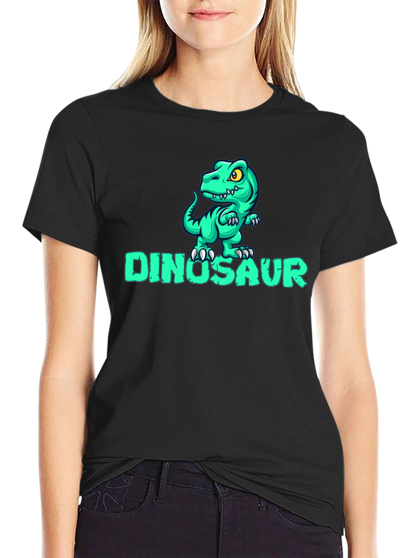 Black Dinosaur Cartoon Graphic Black T-Shirt view 2