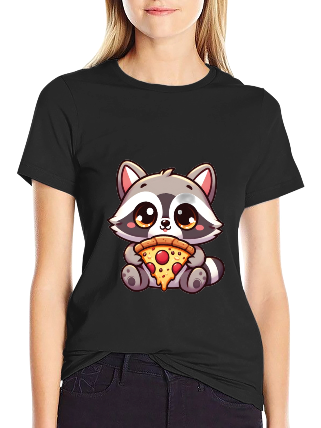 Black Cute Raccoon Pizza T-Shirt - Unisex Graphic Tee view 2