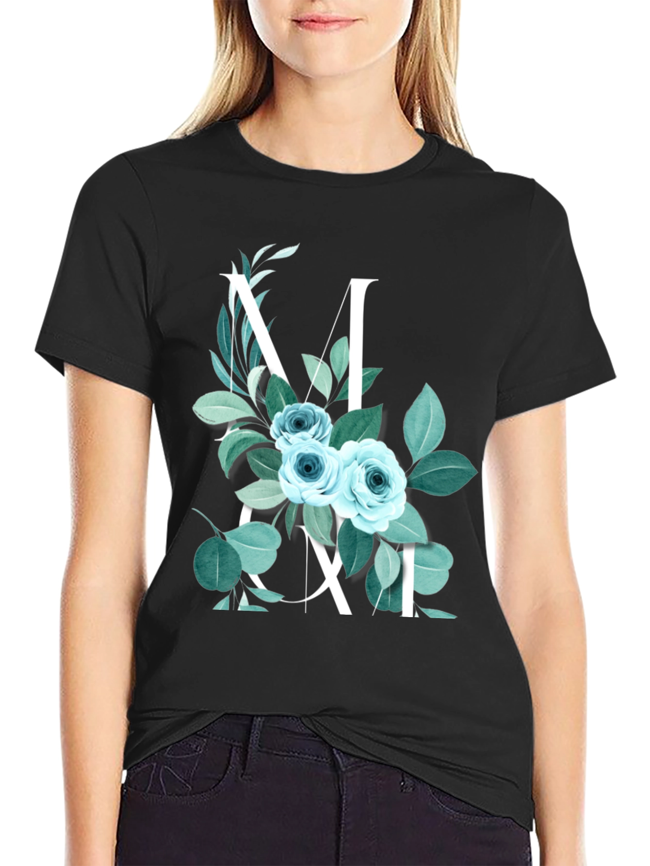Black Floral Initial T-Shirt - M view 2