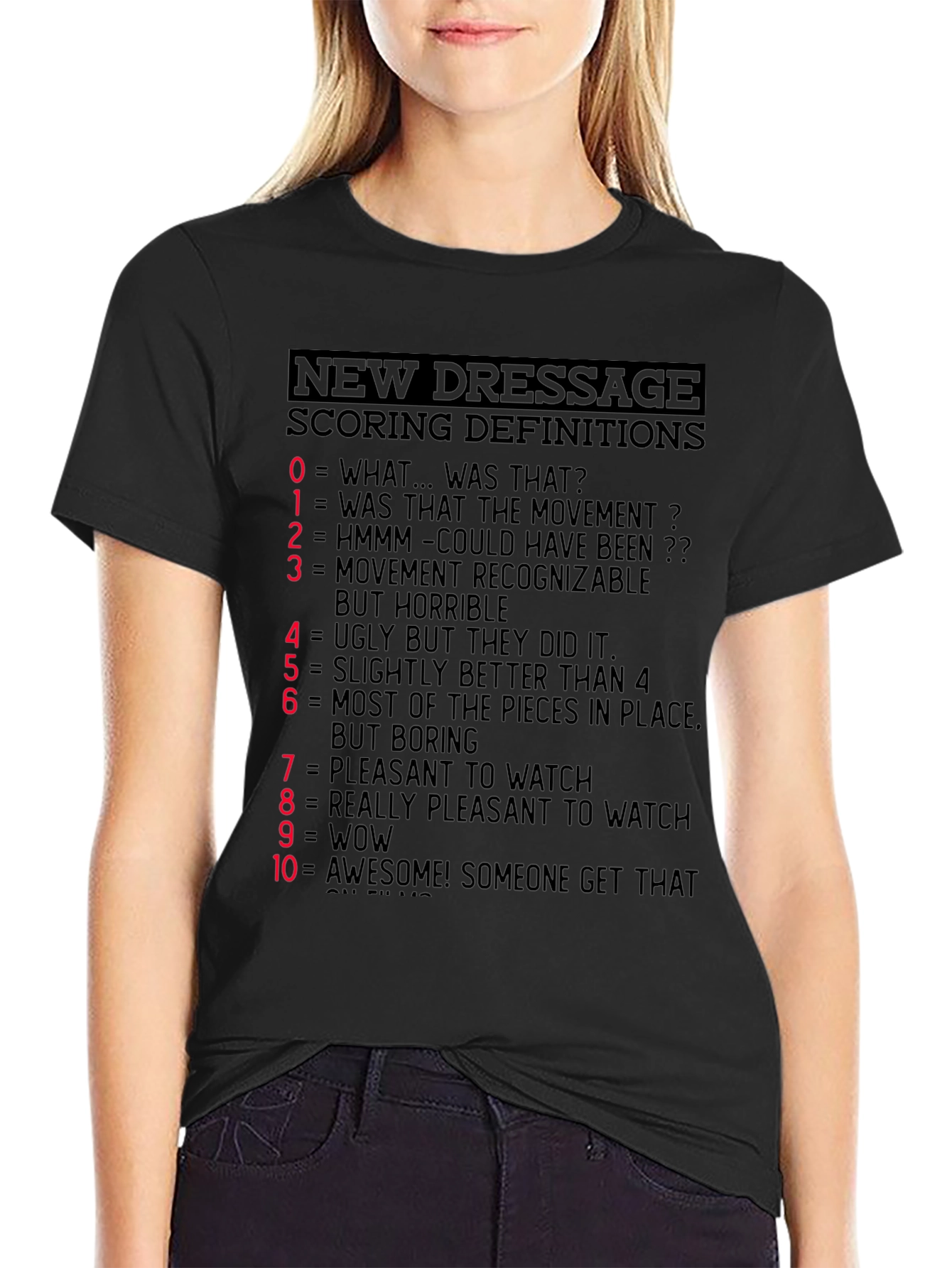 Black Dressage Scoring Definitions T-Shirt - Equestrian Humor Tee view 2