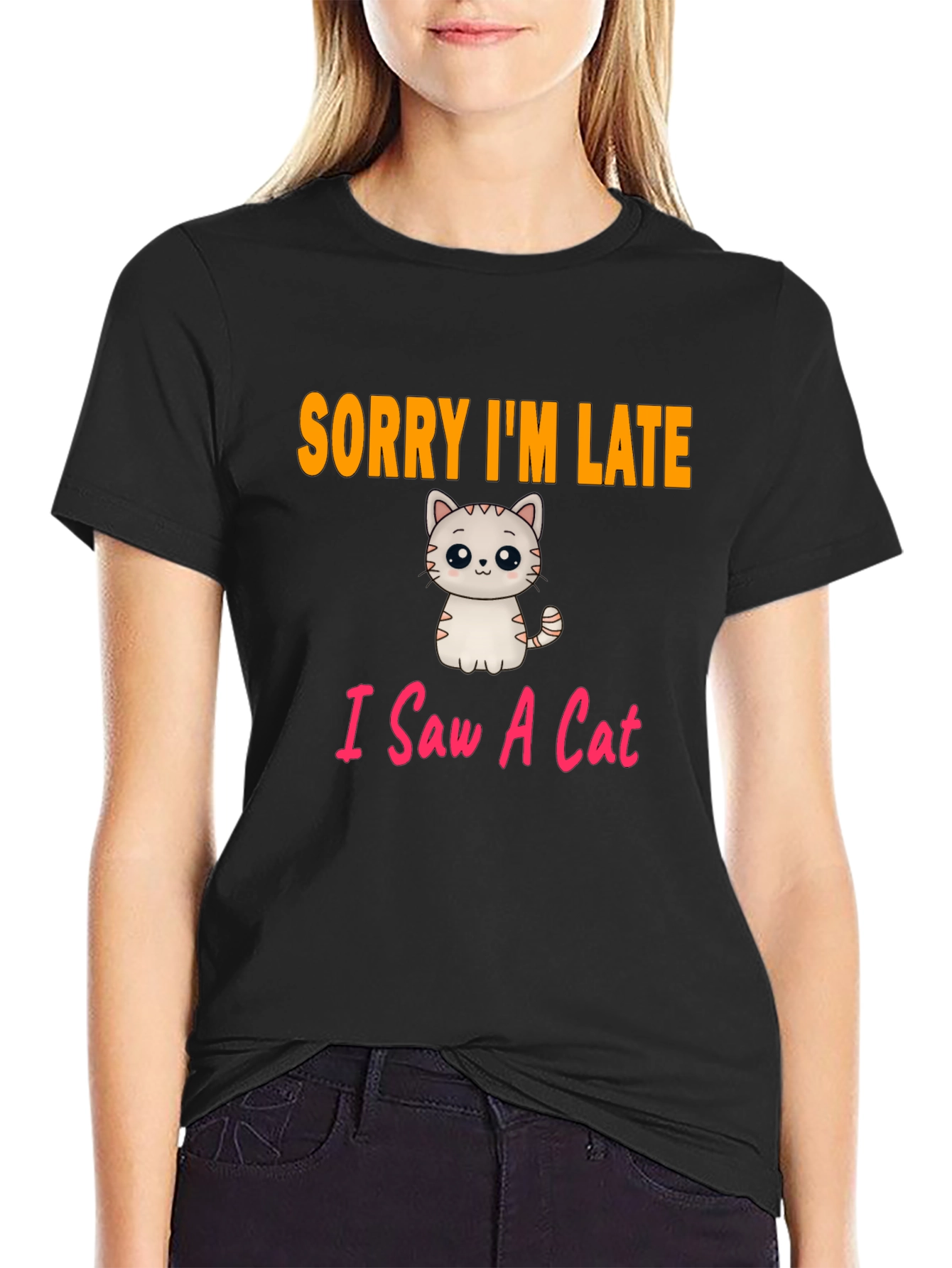 Black Funny Cat T-Shirt - Sorry I'm Late view 2