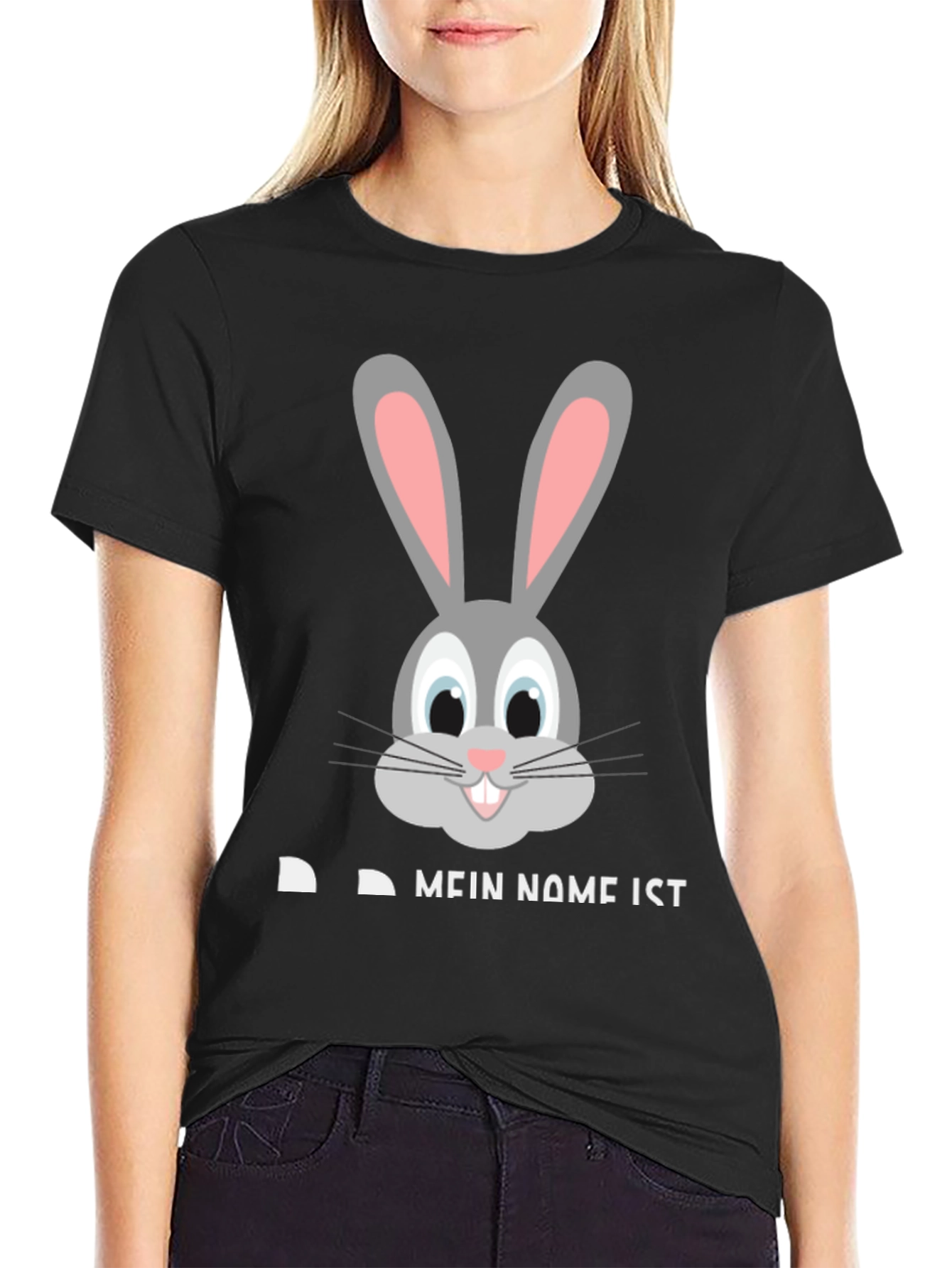Black Funny Rabbit Face T-Shirt - "My Name Is..." Design view 2