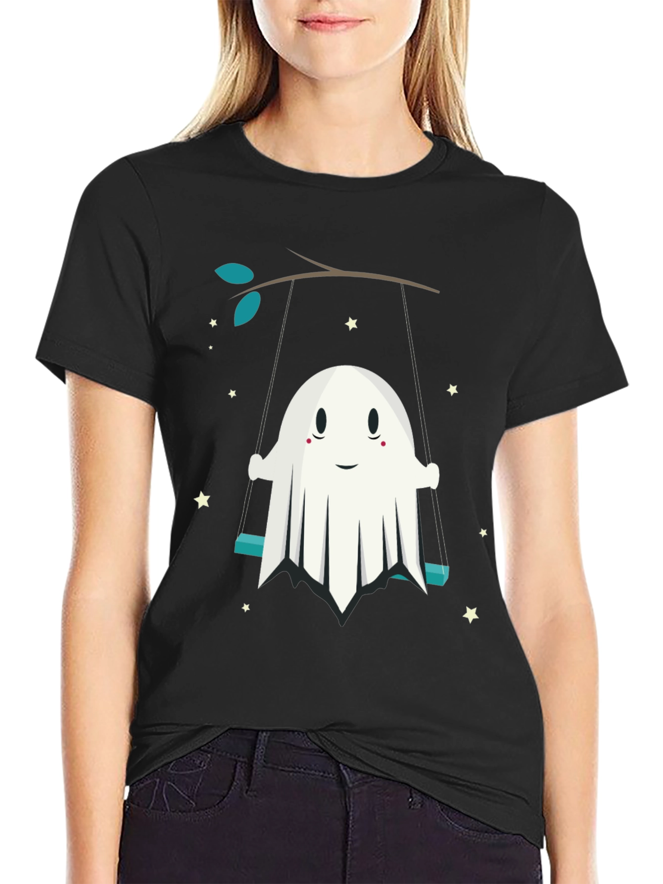 Black Cute Ghost on Swing Graphic Tee - Halloween Shirt view 2