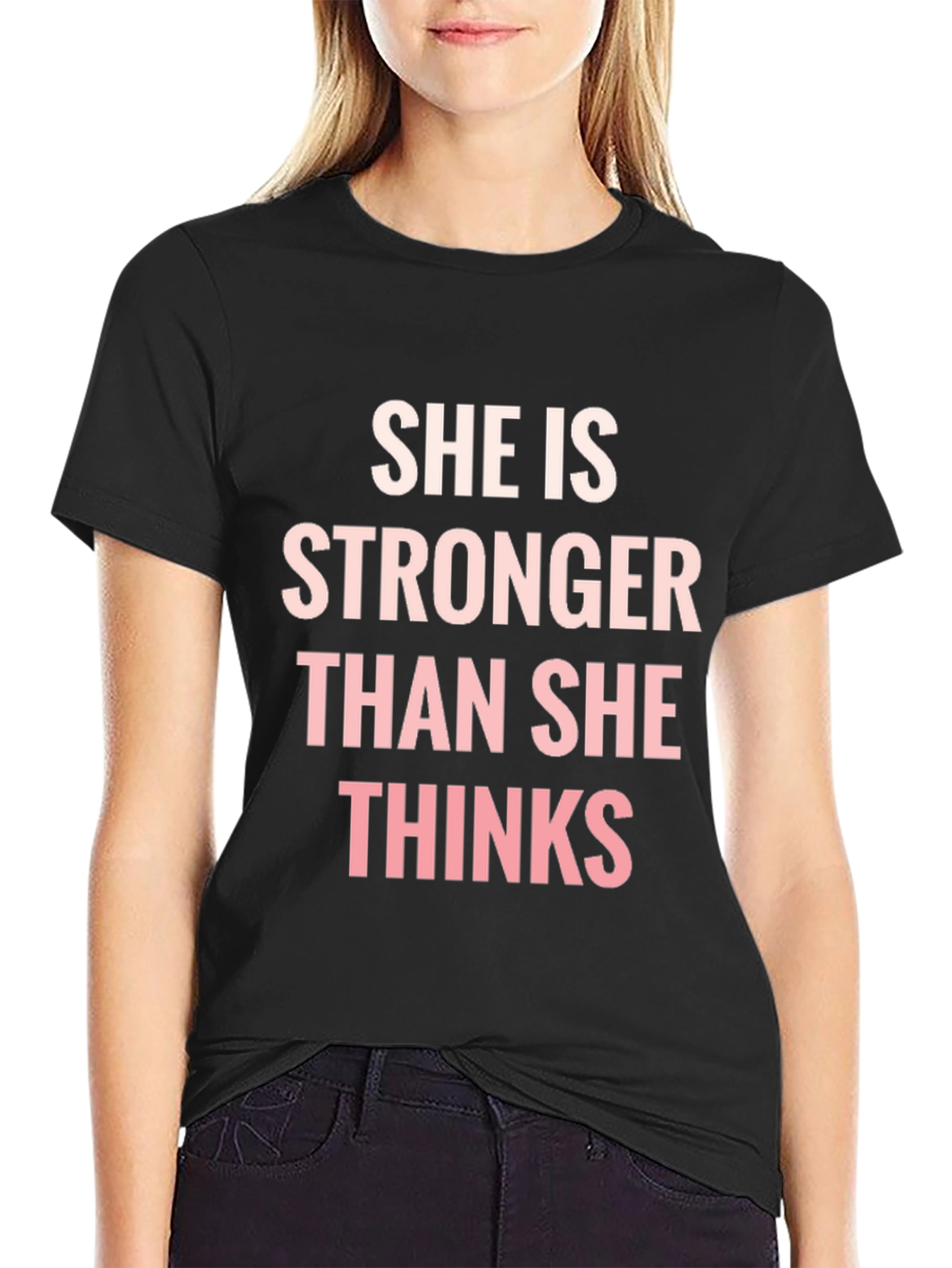 Black She is Stronger Than She Thinks T-Shirt view 2