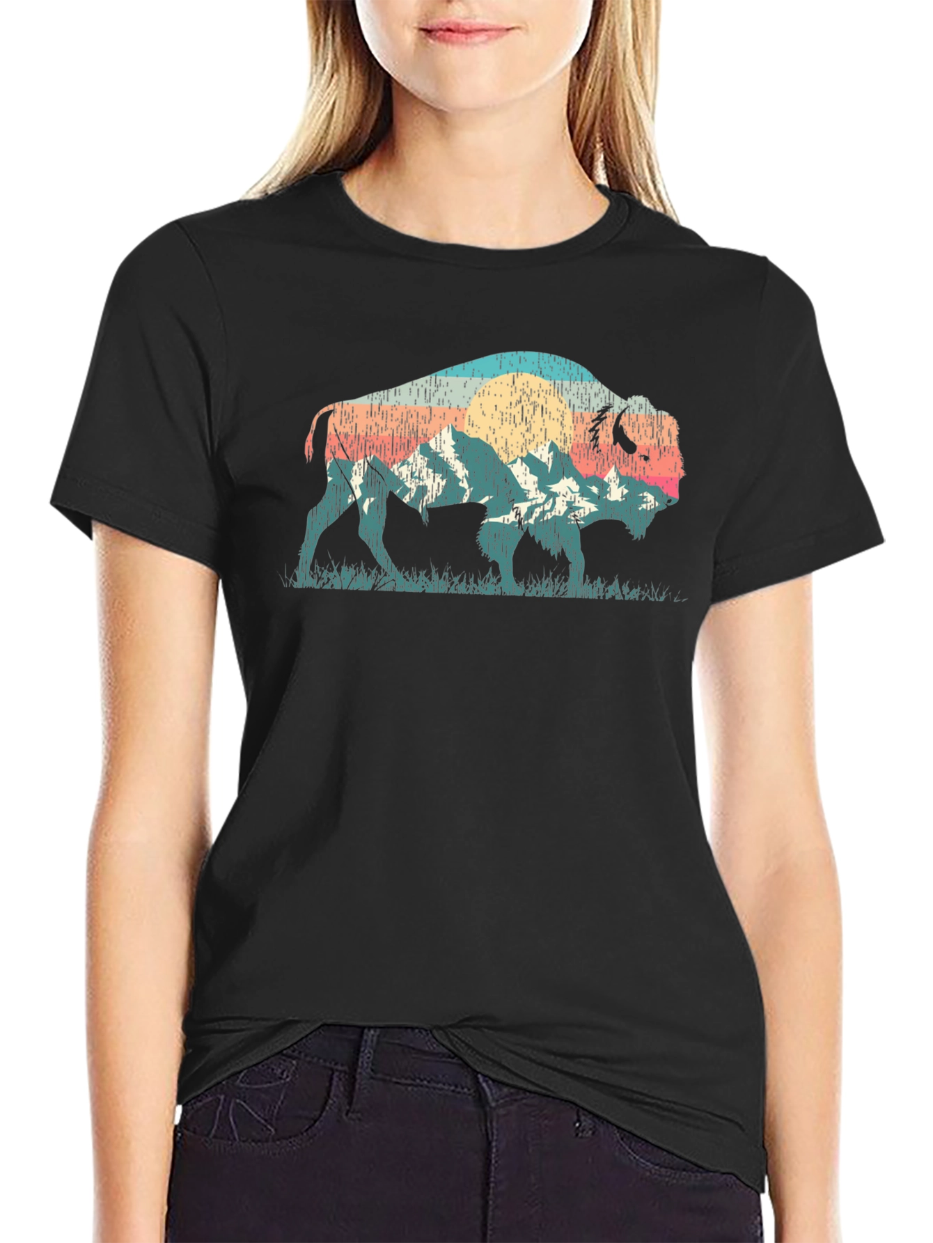 Black Retro Buffalo Mountain T-Shirt view 2