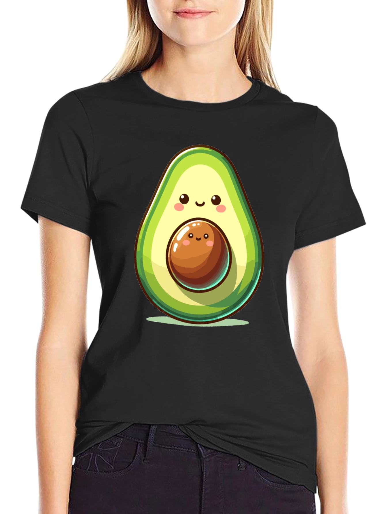 Black Cute Avocado Cartoon Graphic Black T-Shirt view 2