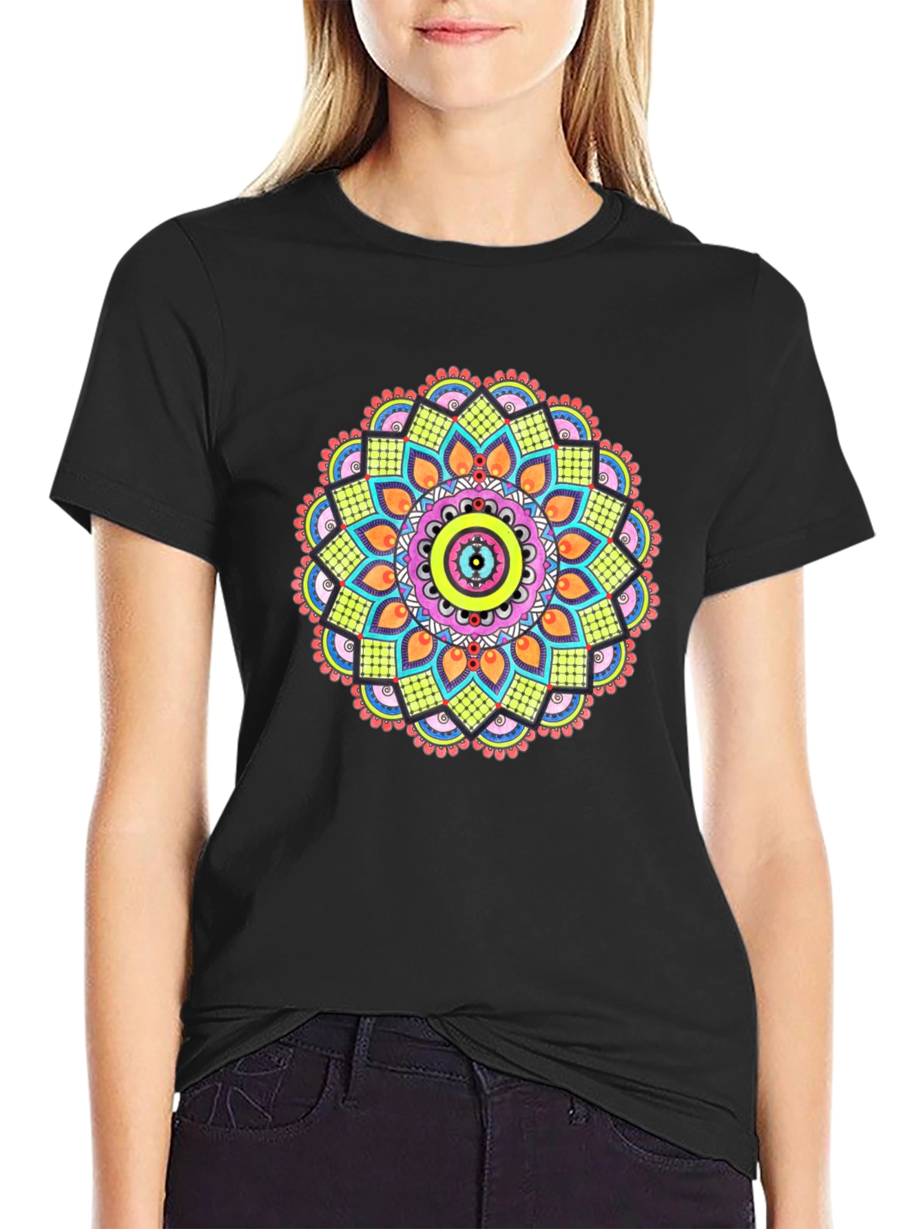 Black Mandala Print Black T-Shirt view 2