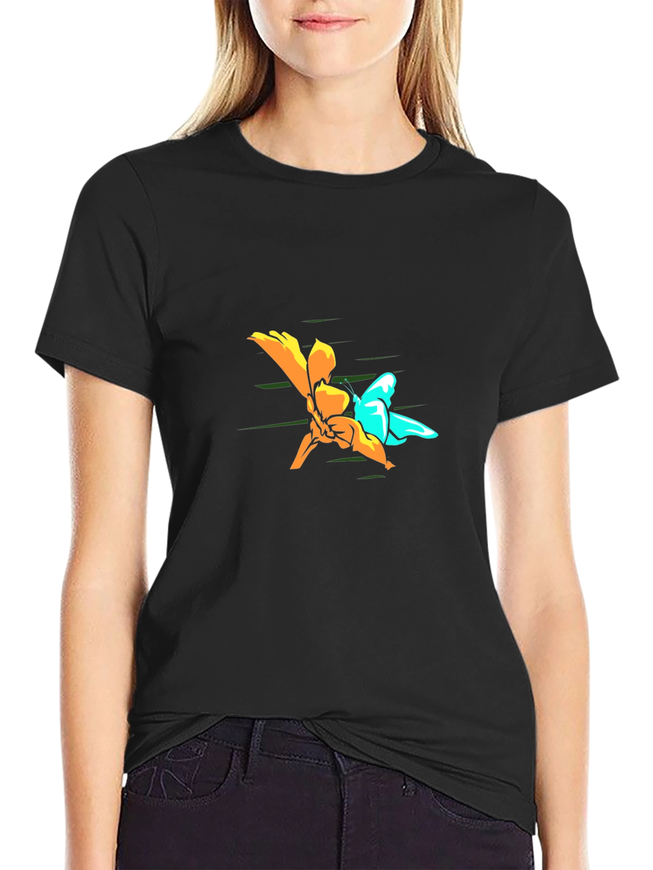 Black Butterfly and Flower Graphic Tee - Black view 2