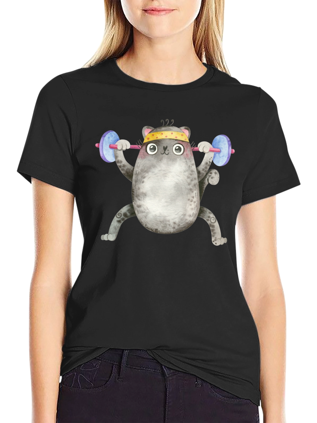 Black Weightlifting Cat T-Shirt view 2