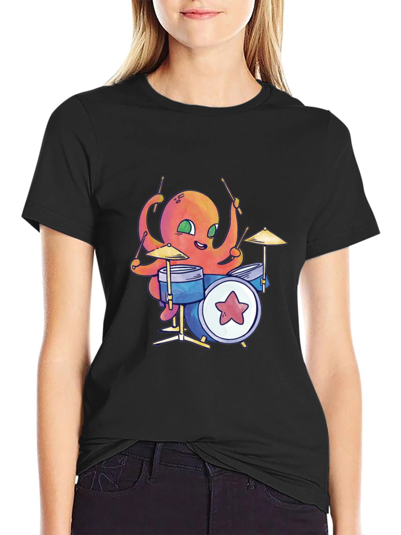 Black Octopus Drummer Black T-Shirt view 2