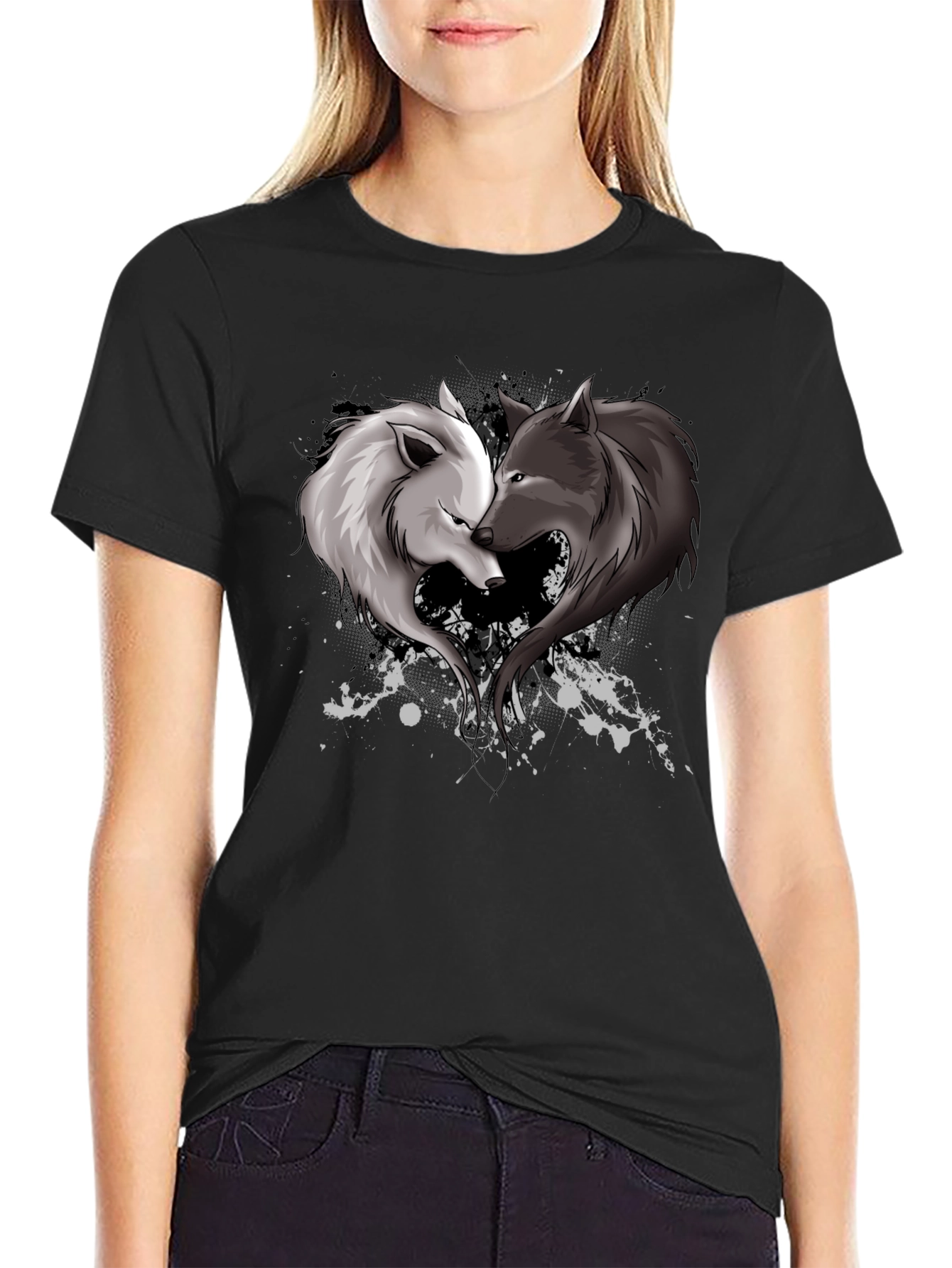 Black Yin Yang Wolves Heart Graphic T-Shirt view 2