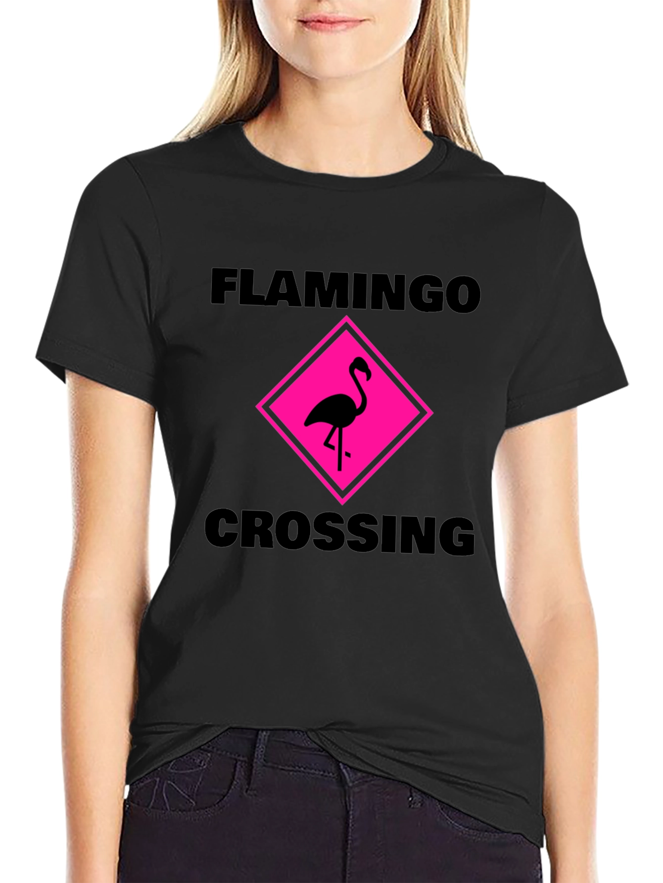 Black Flamingo Crossing Graphic Tee - Black Cotton Shirt view 2