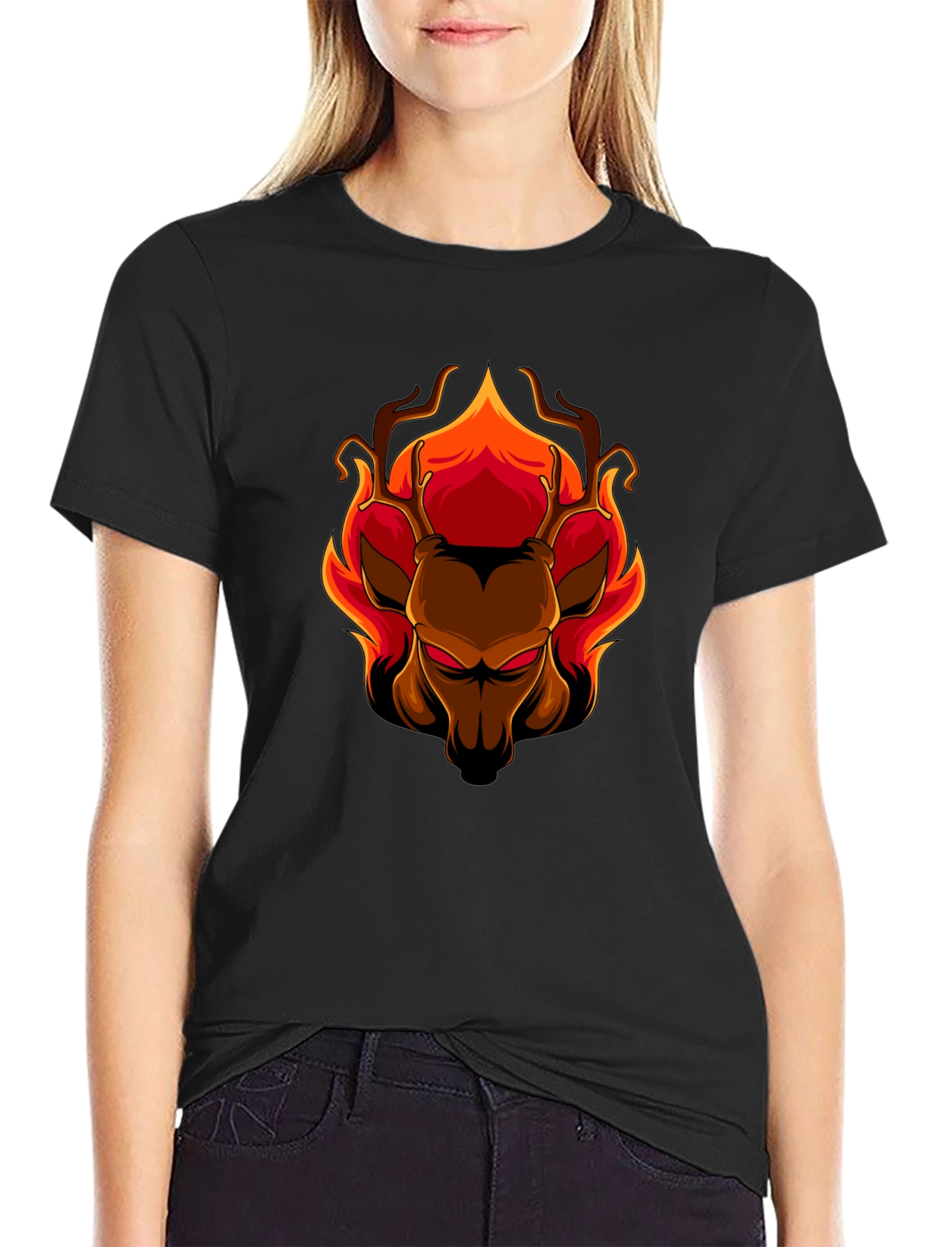 Black Fiery Deer Graphic Tee - Black Cotton T-Shirt view 2