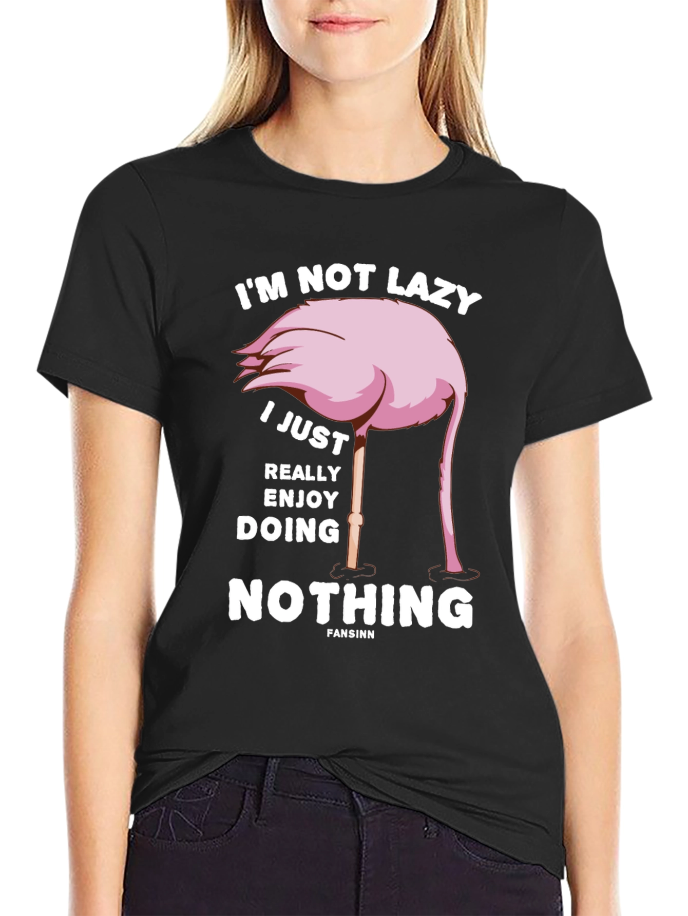 Black Funny Flamingo Lazy T-Shirt view 2