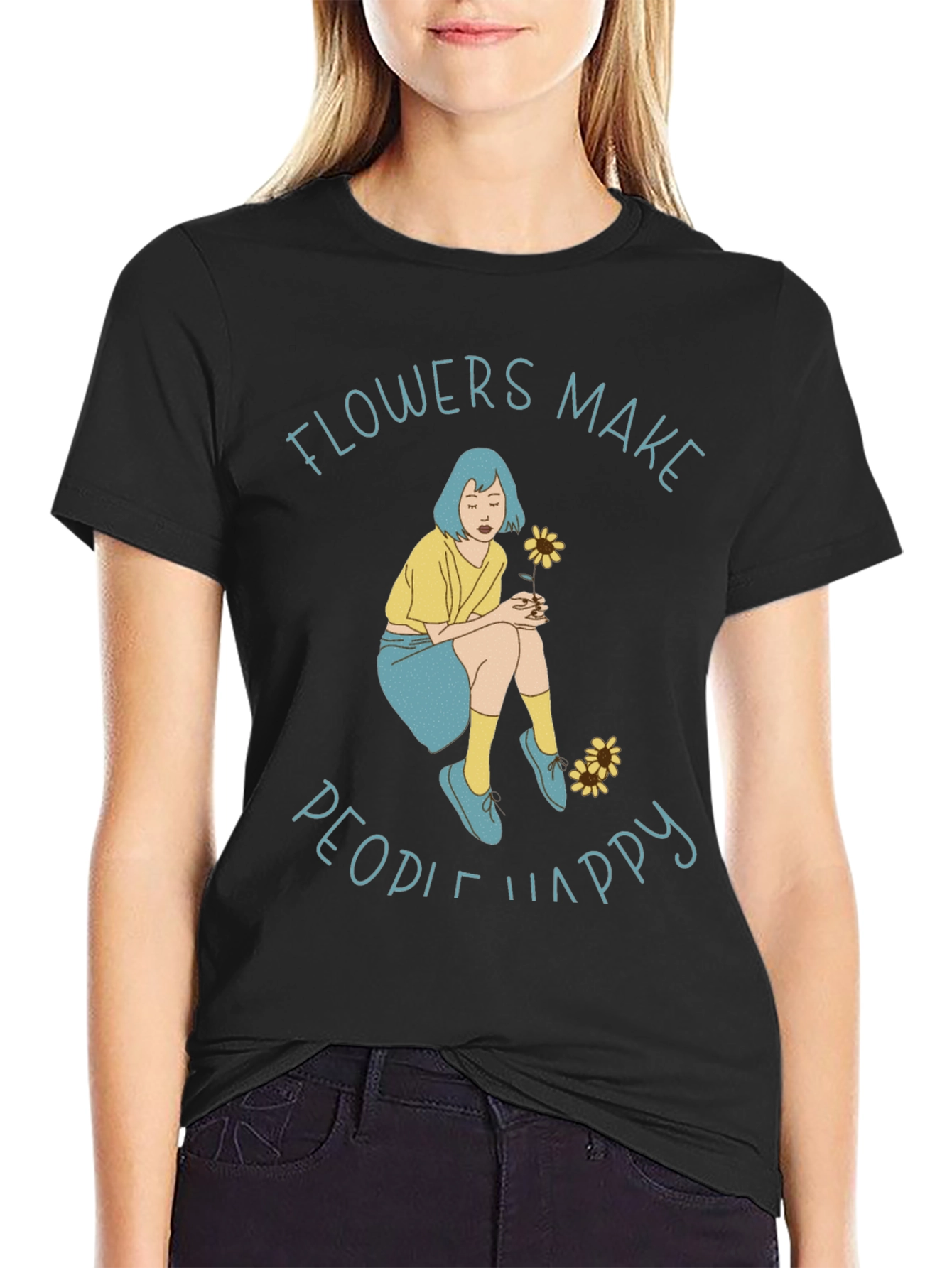 Black Flowers Make People Happy Graphic Tee view 2