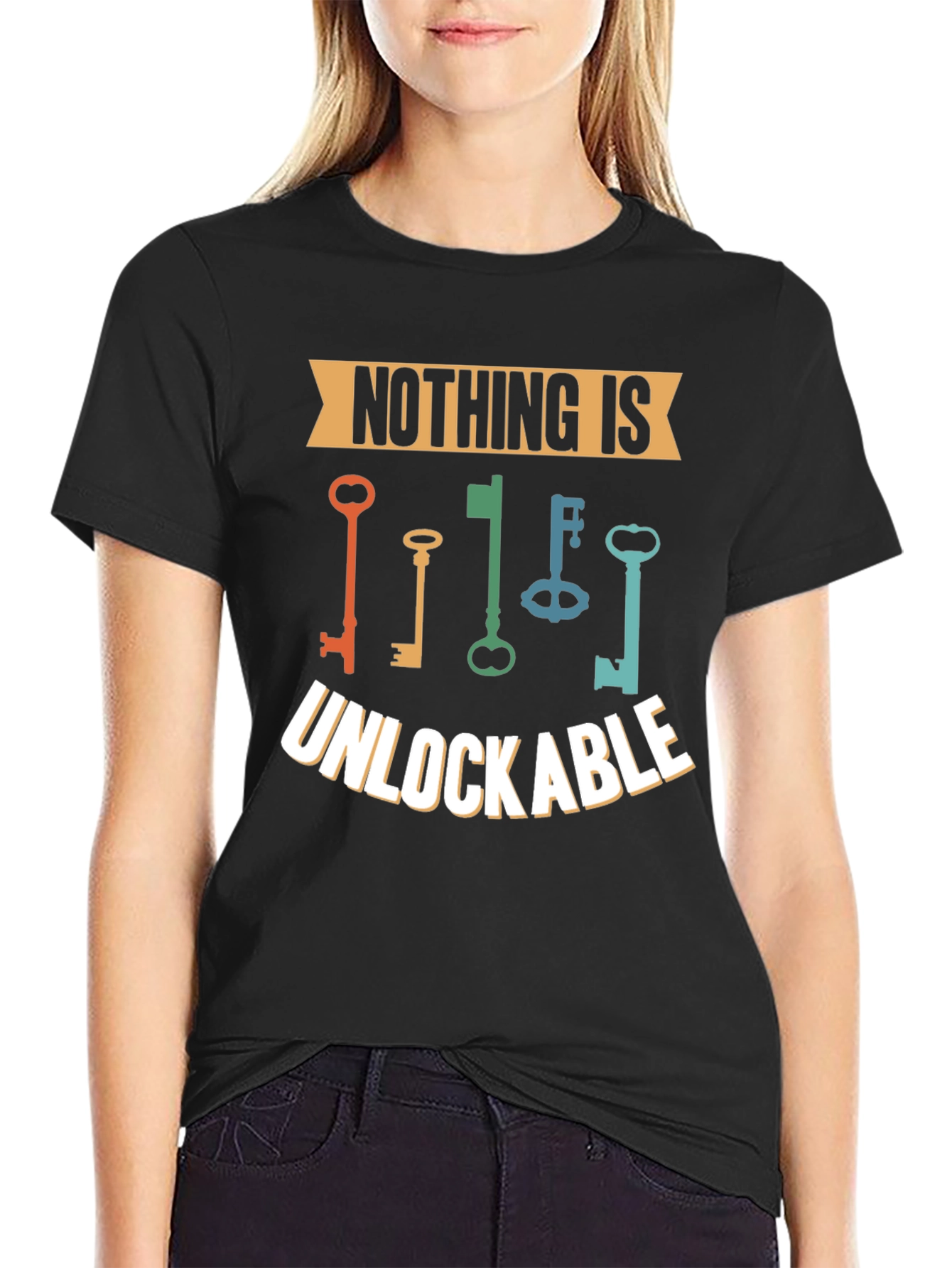 Black Nothing is Unlockable Graphic T-Shirt view 2