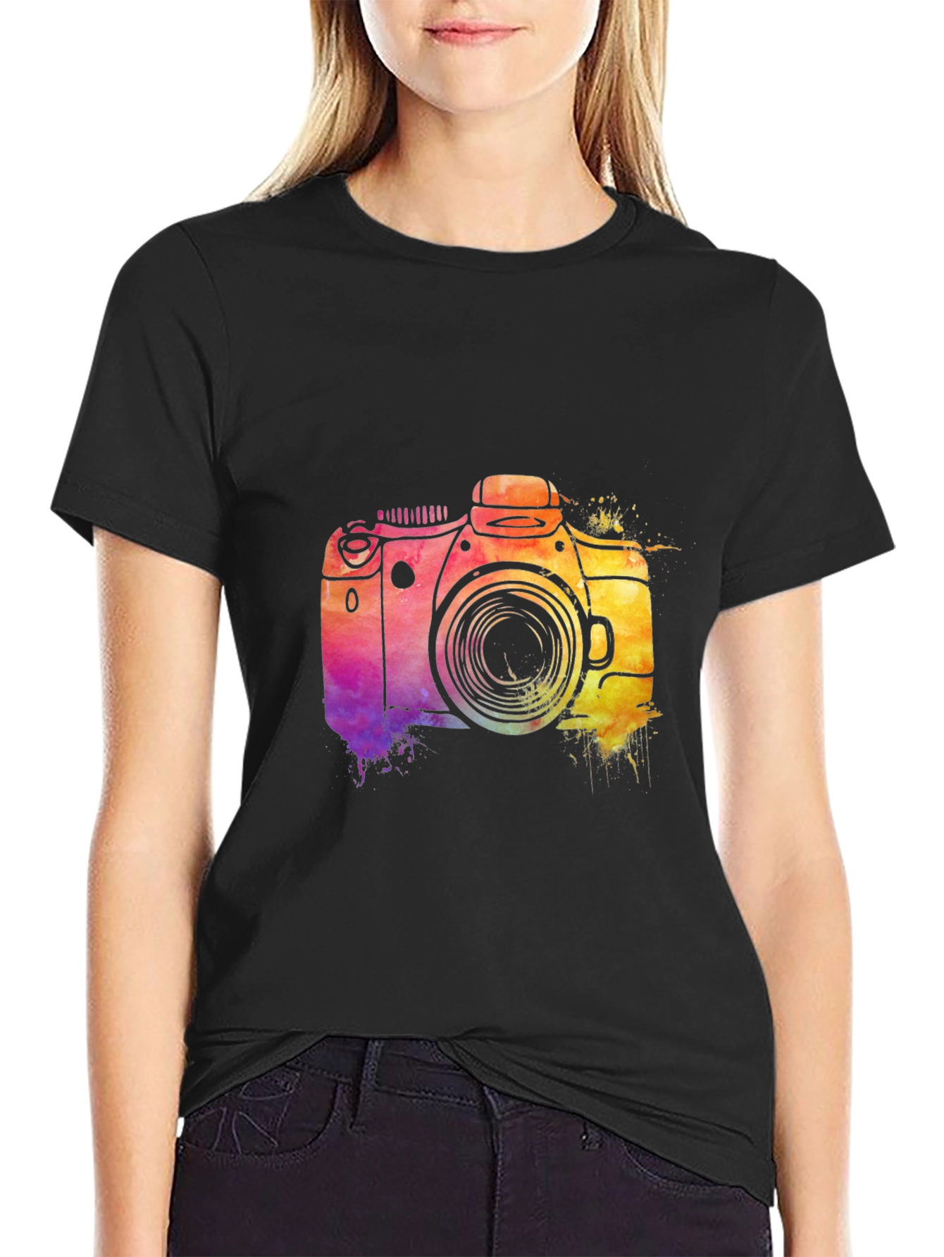 Black Watercolor Camera Graphic T-Shirt view 2
