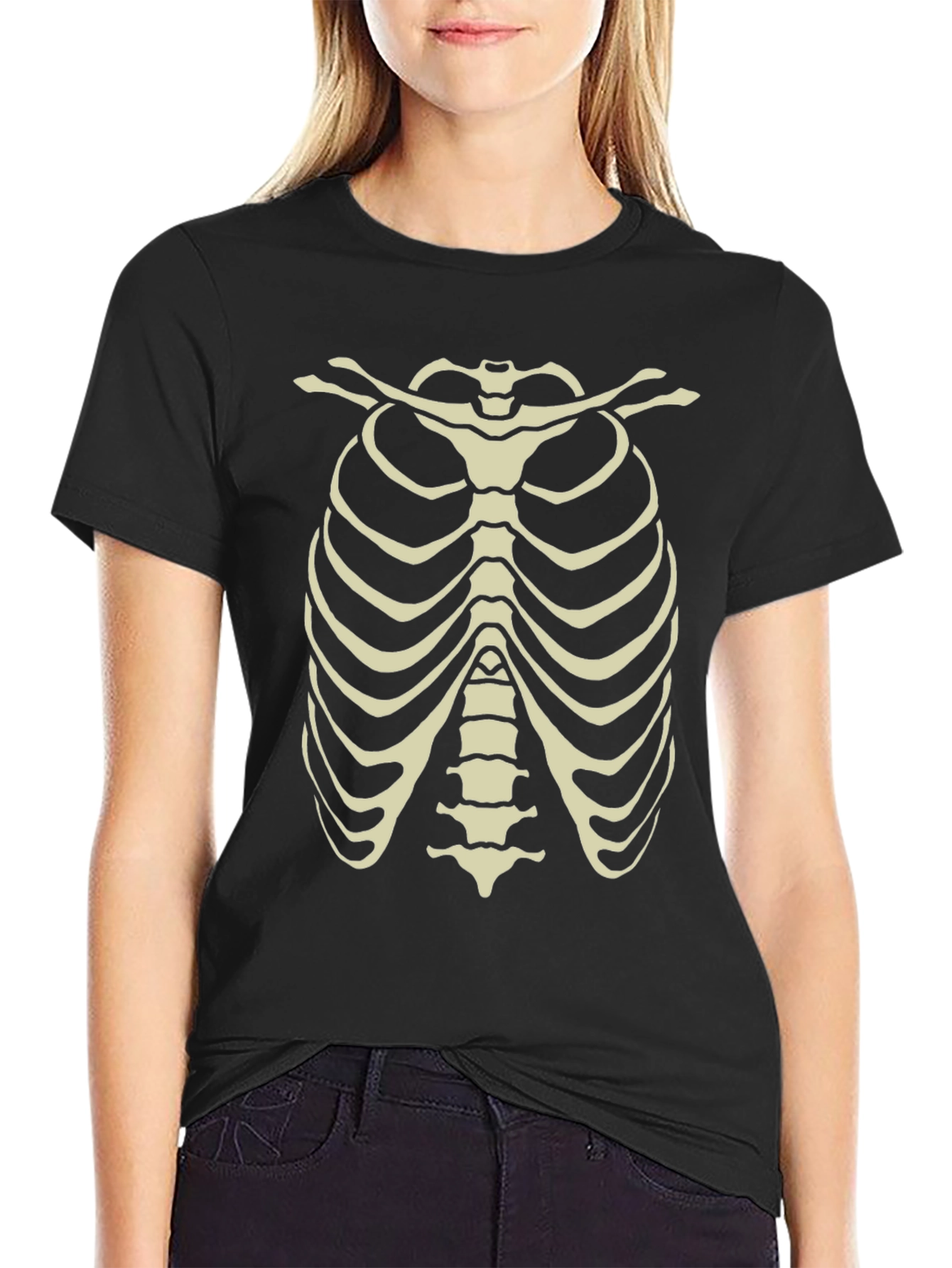 Black Skeleton Rib Cage Graphic Tee - Halloween Costume Shirt view 2