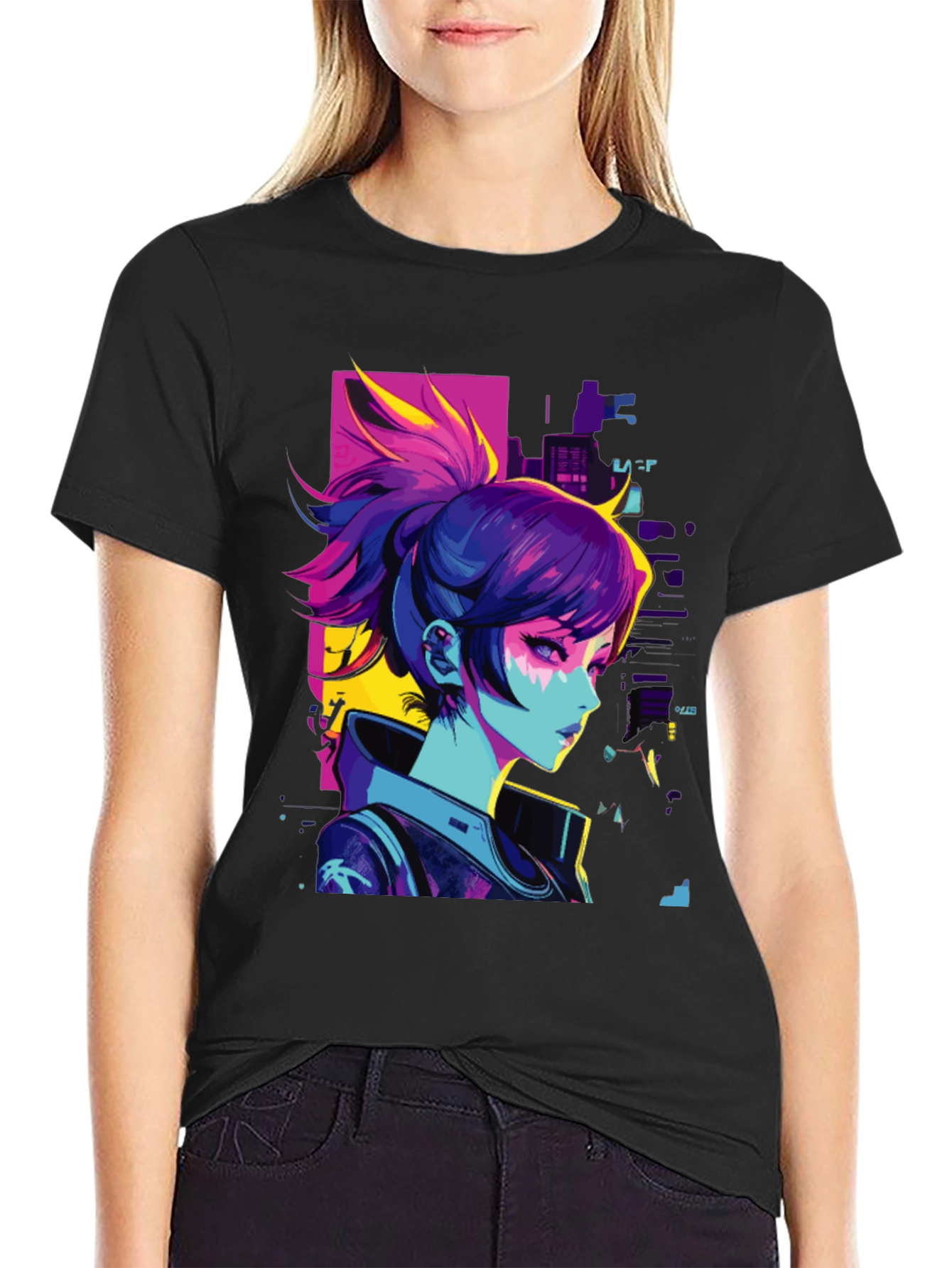 Black Cyberpunk Anime Girl Graphic Black T-Shirt view 2