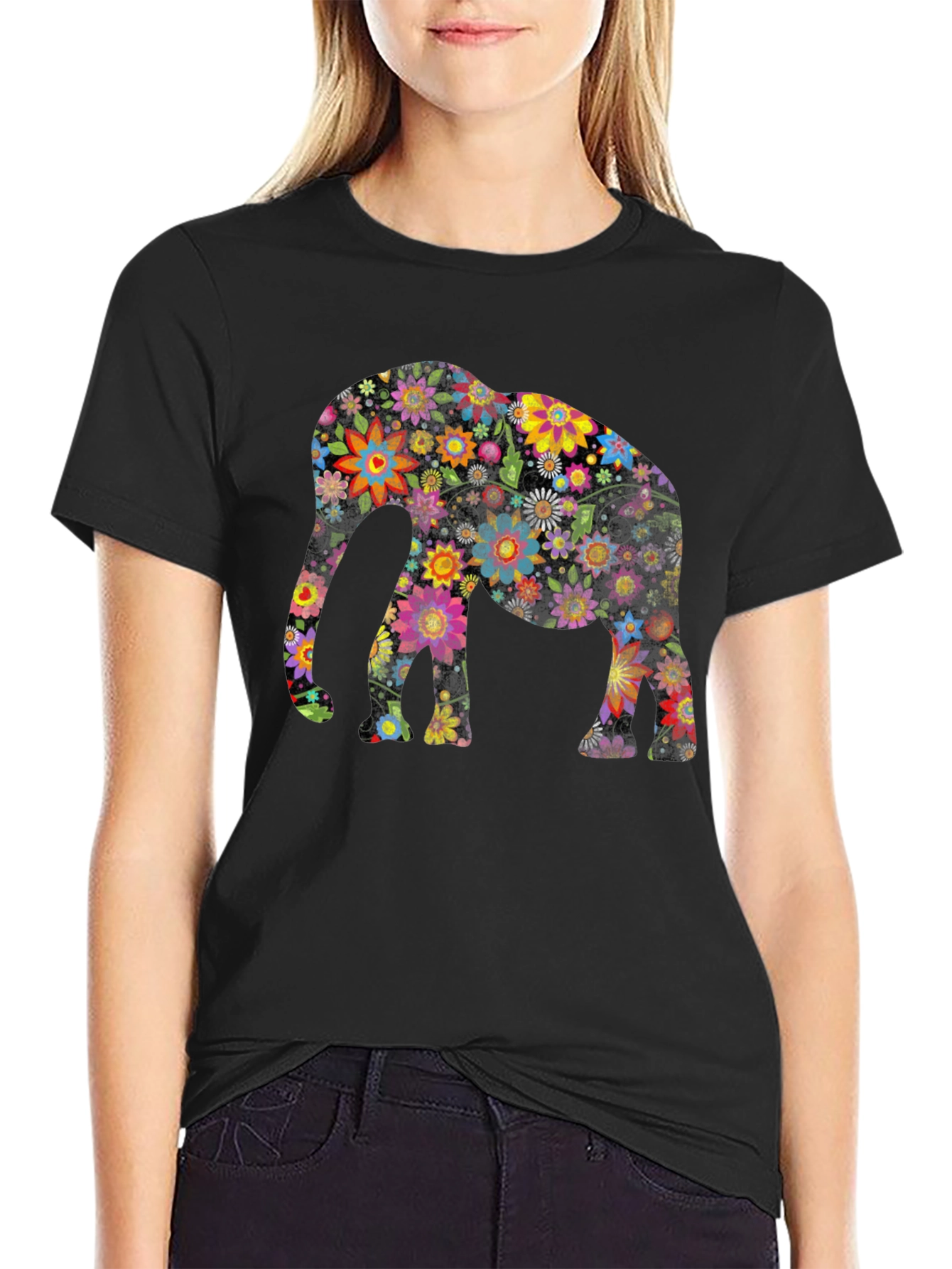 Black Floral Elephant Graphic Tee - Black Cotton Blend view 2