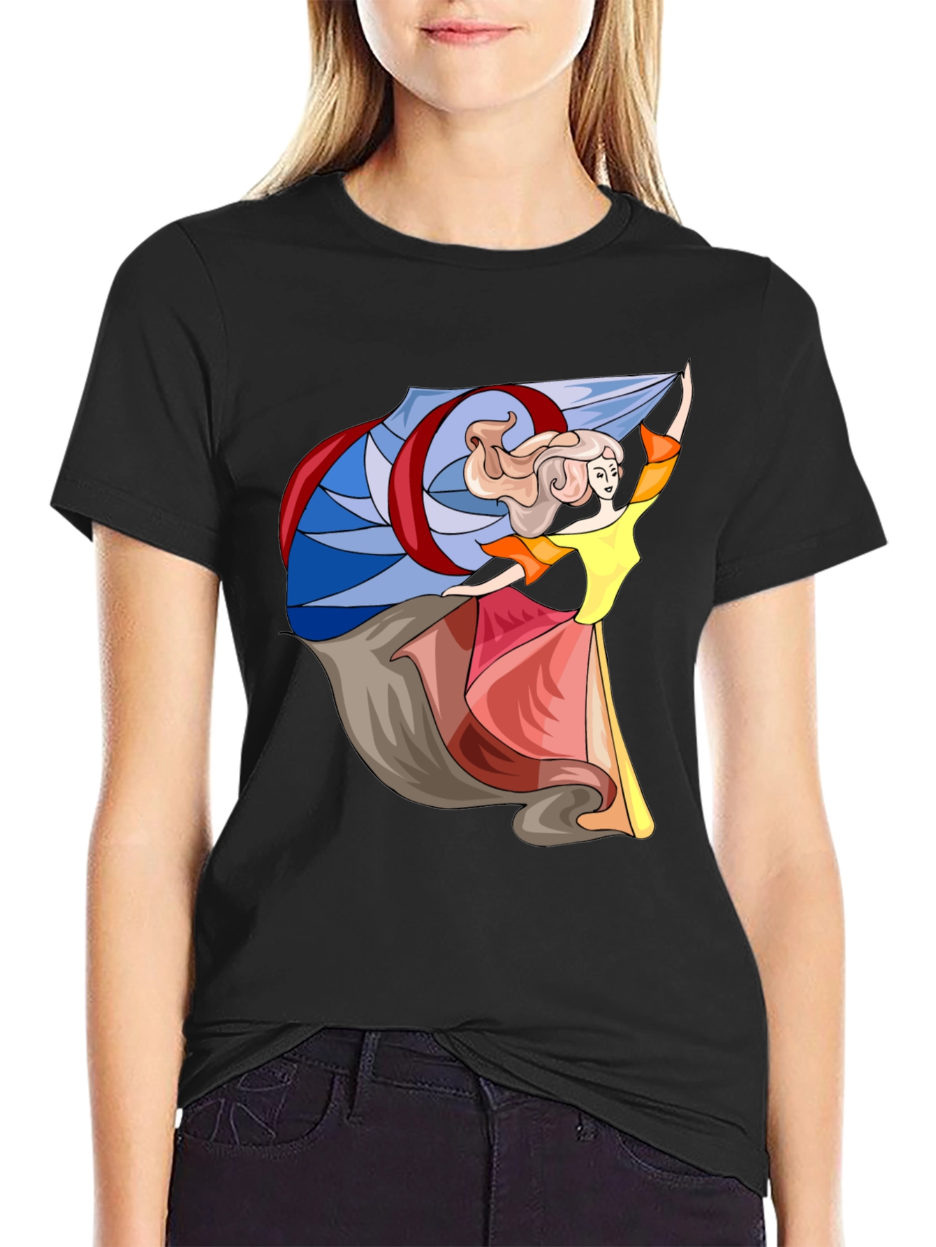 Black Whimsical Dancer Graphic Tee - Black Cotton Blend view 2