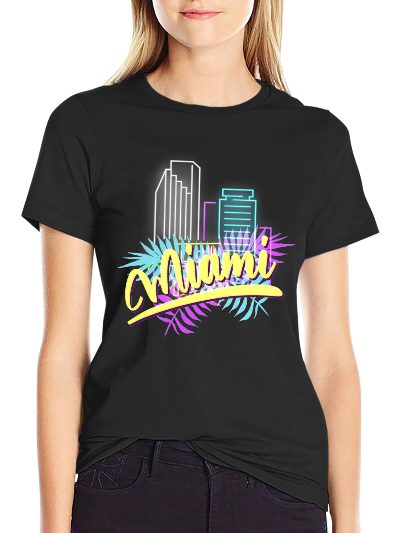 Black Miami Vice Style Graphic T-Shirt - Retro Neon Design view 2