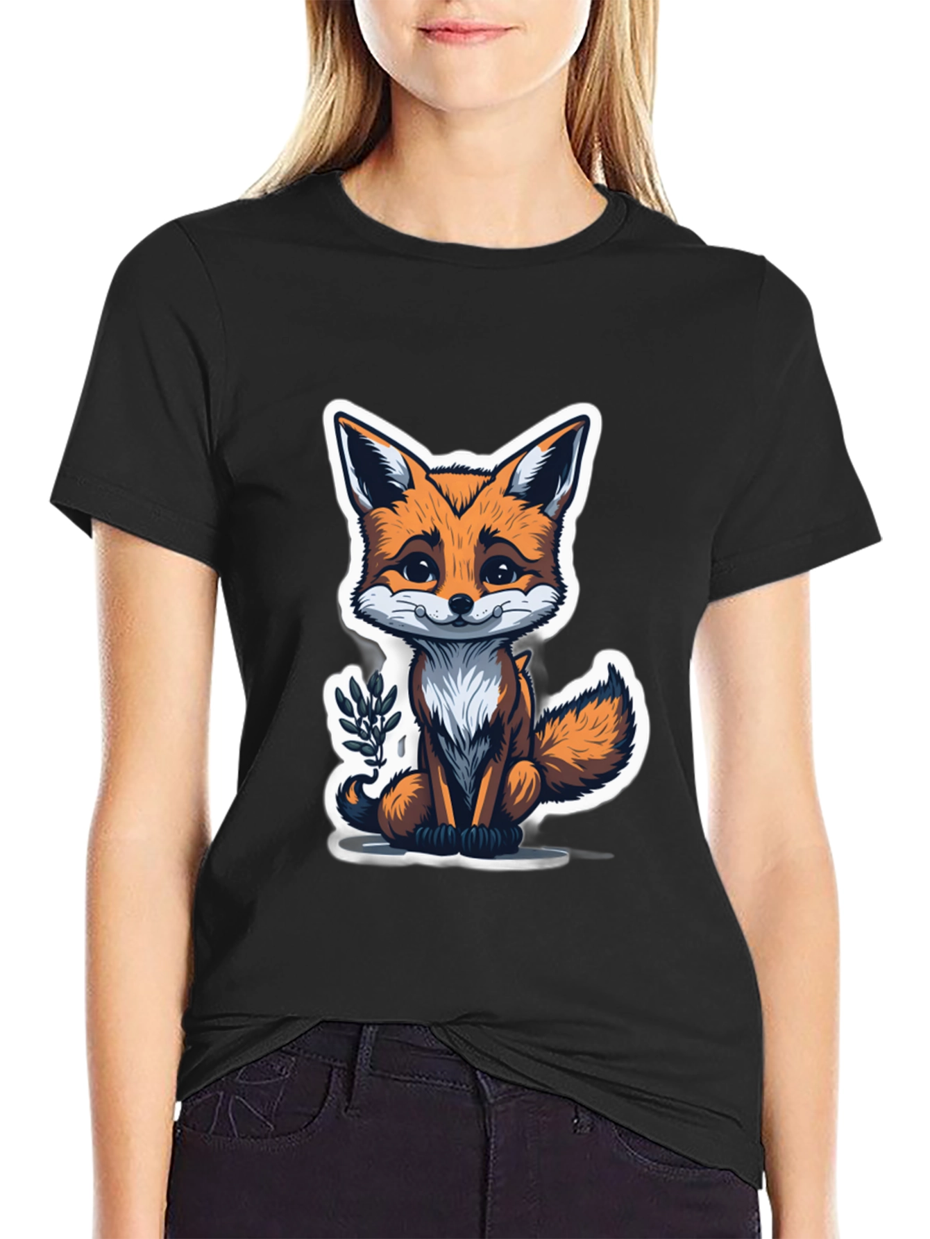 Black Cute Fox Graphic Tee - Soft Cotton Blend view 2