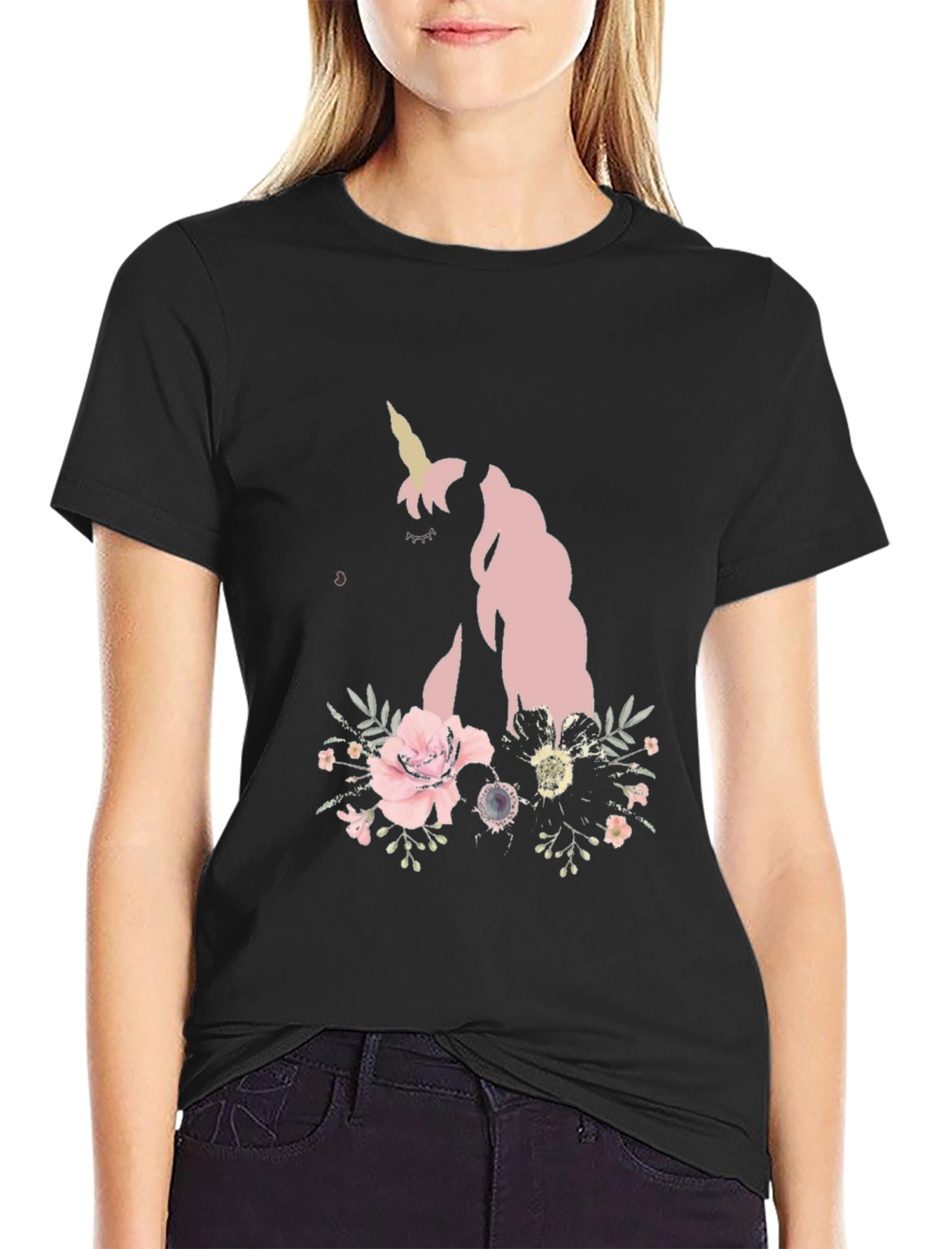 Black Floral Unicorn Black T-Shirt view 2