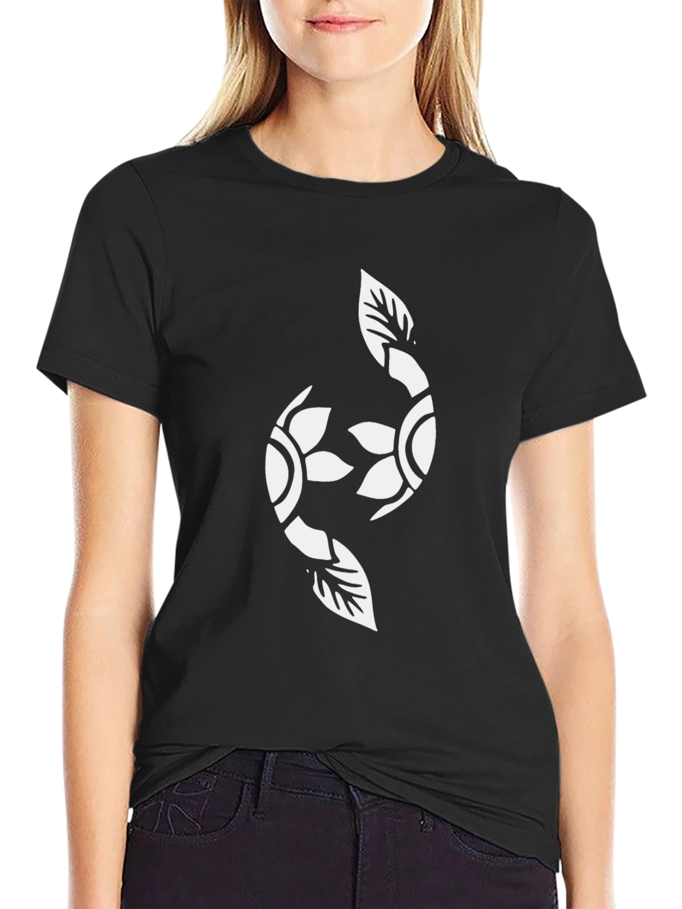 Black Black Graphic Tee with Floral Yin Yang view 2