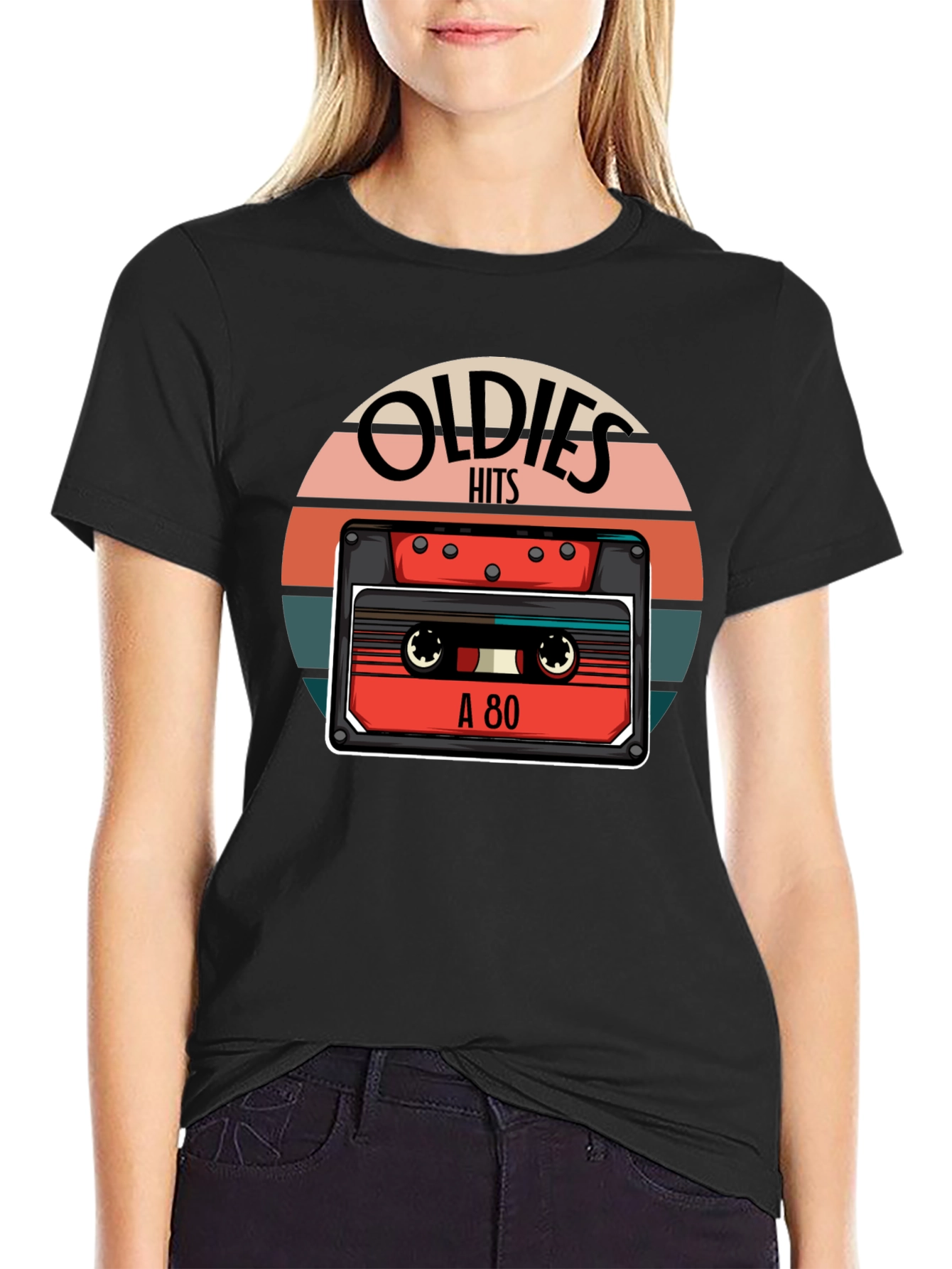 Black Oldies Hits Cassette Tape T-Shirt - Vintage 80s Retro Style Tee view 2