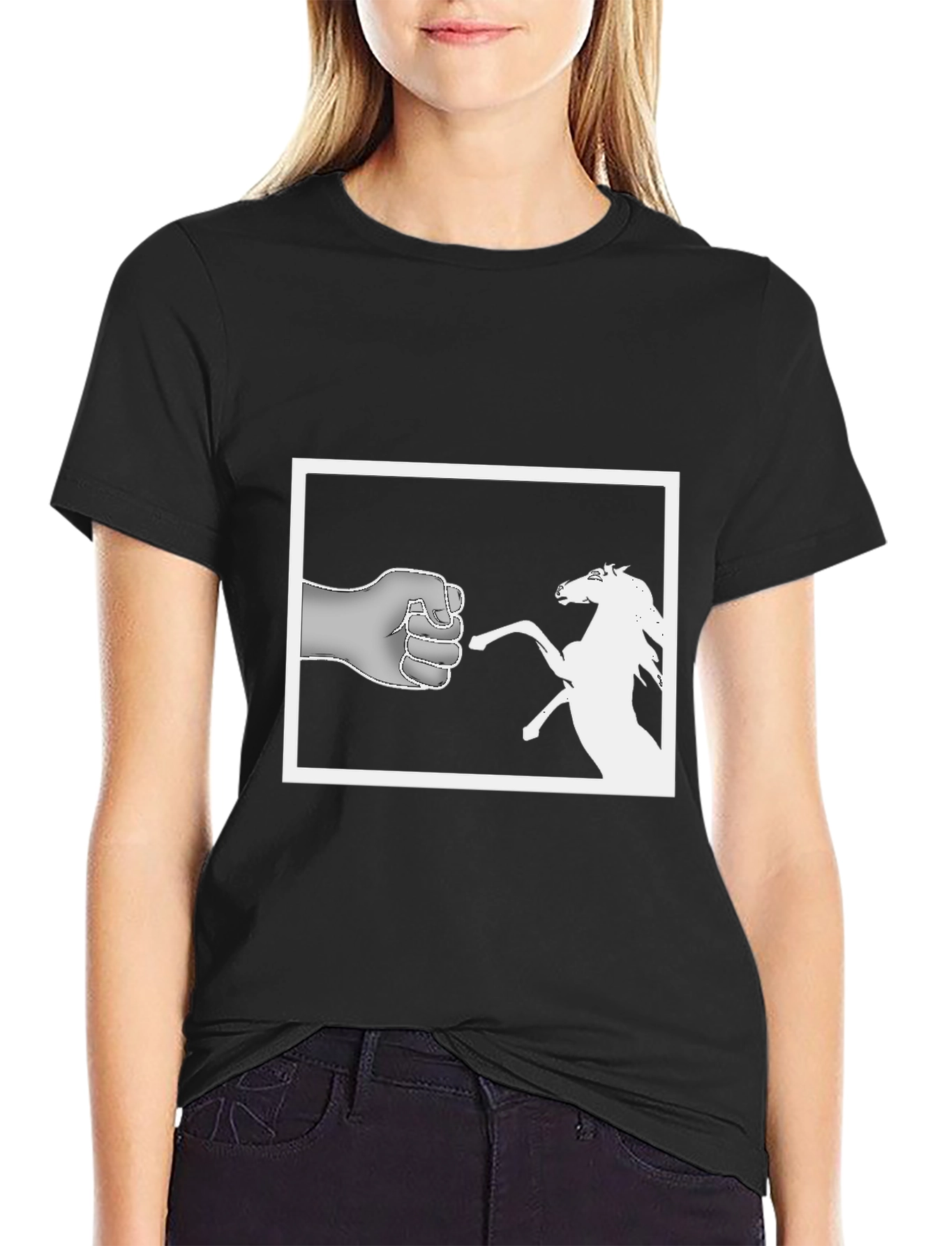 Black Humorous Fist Horse Tee - Novelty Graphic T-Shirt view 2